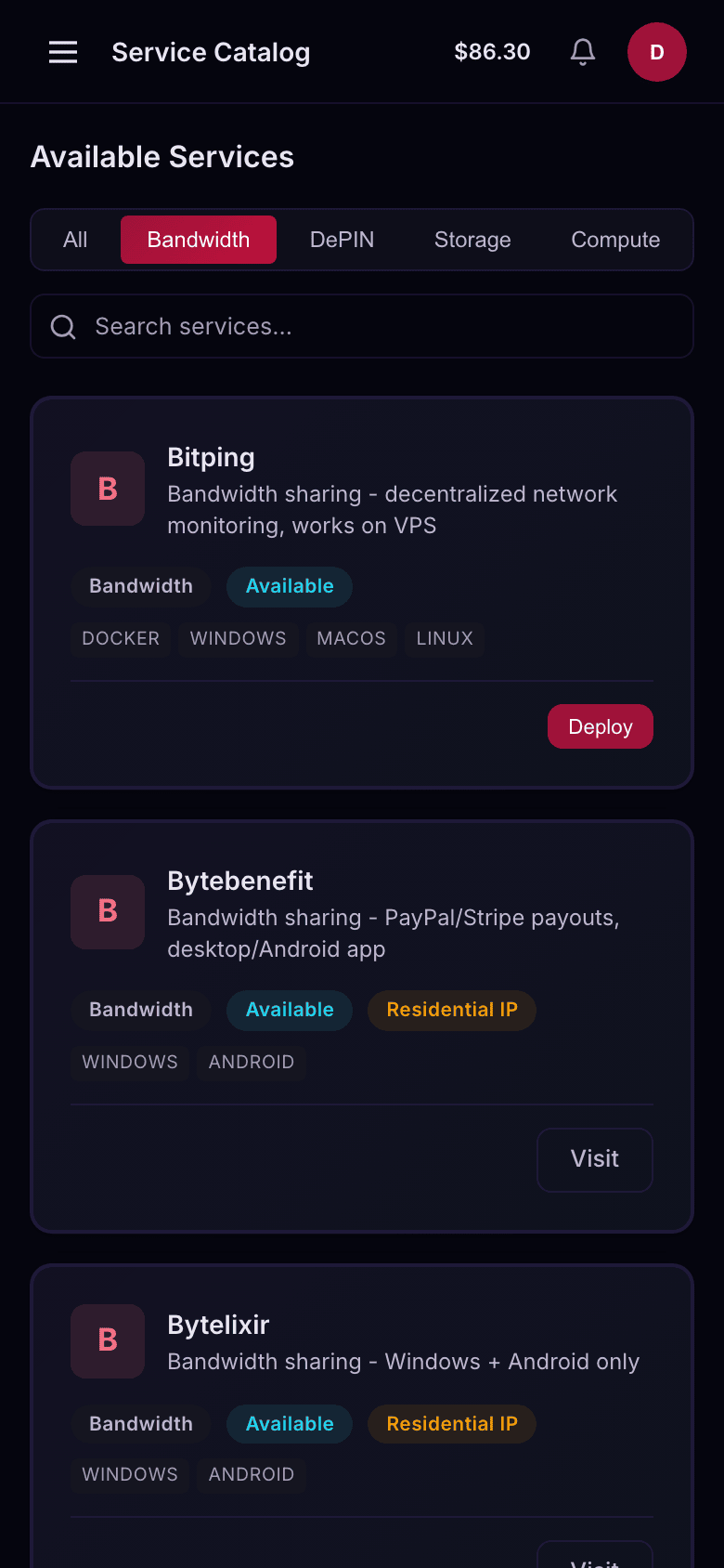 The service catalog on a phone, filtered to bandwidth services
