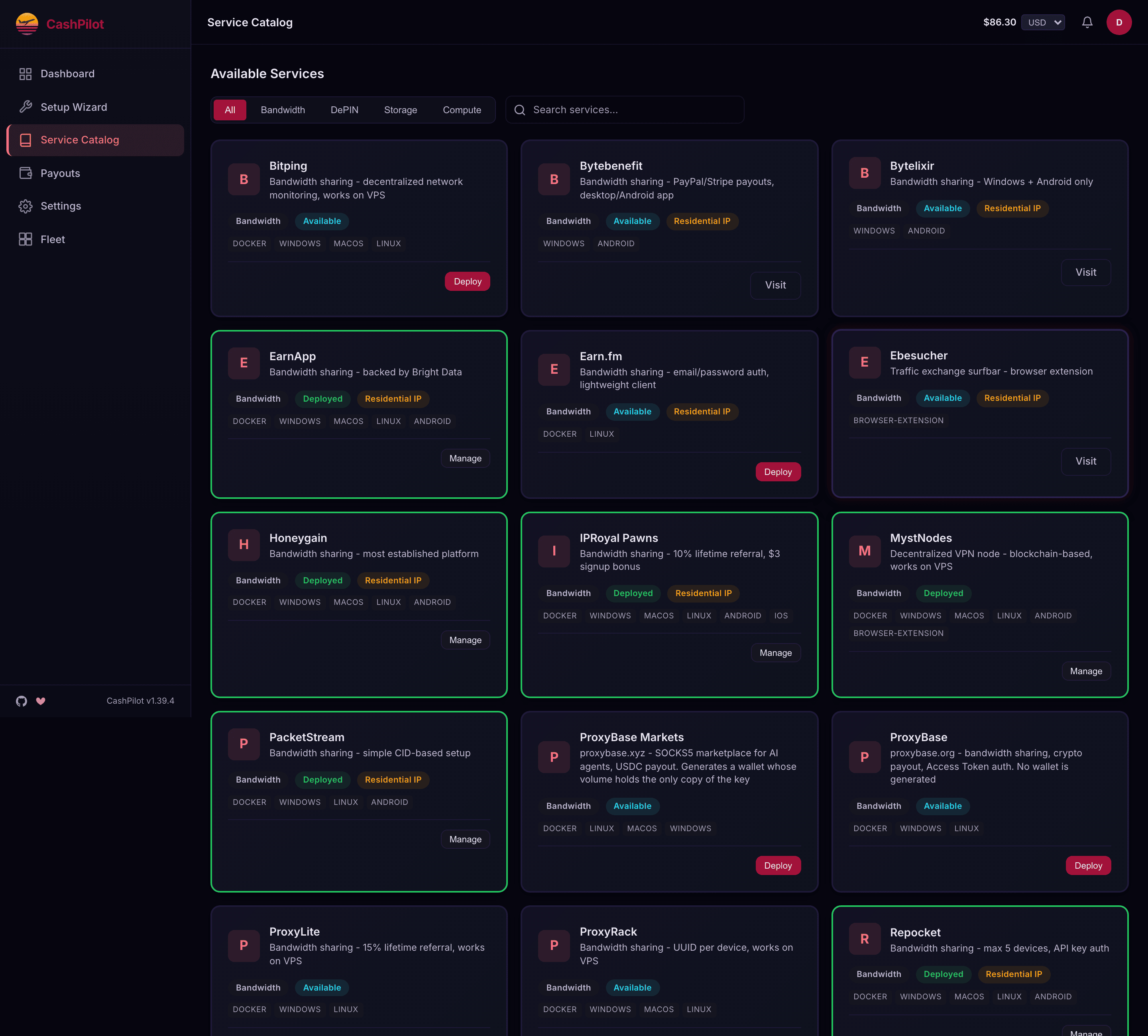 The service catalog: cards for every service with its category, whether it needs a residential IP, and a Deploy or Visit button