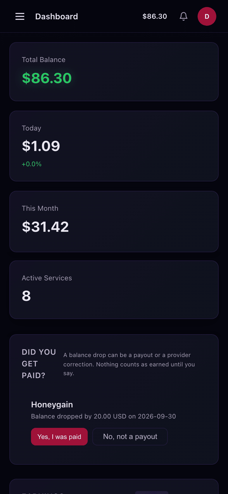 The dashboard on a phone: balance tiles stacked, the earnings chart, the services table