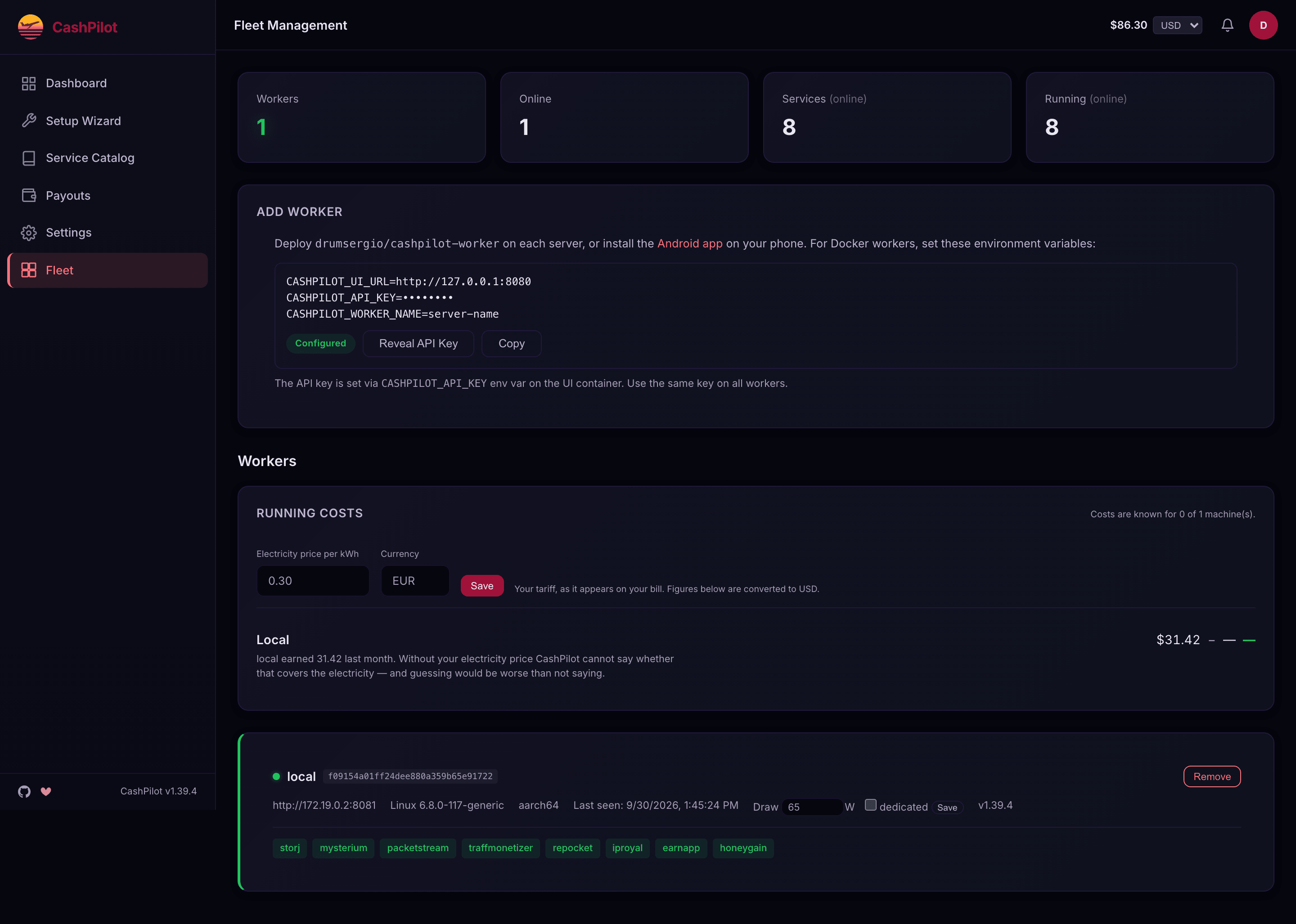 The fleet page: one worker online with its host resources and eight running containers, and the environment block to add another worker