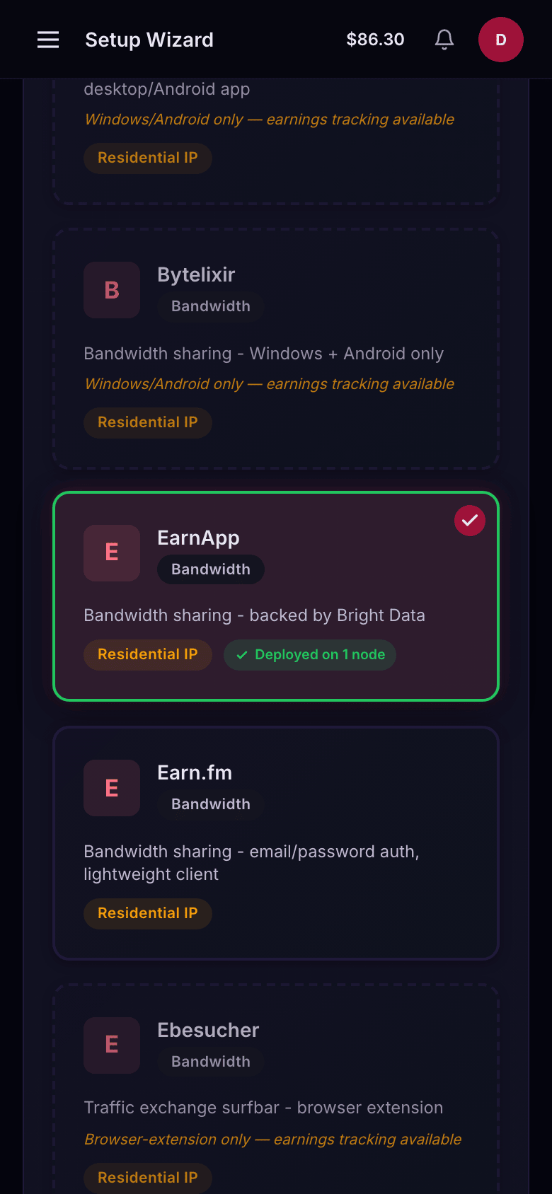 Step 2 of the setup wizard on a phone, choosing services in the bandwidth category