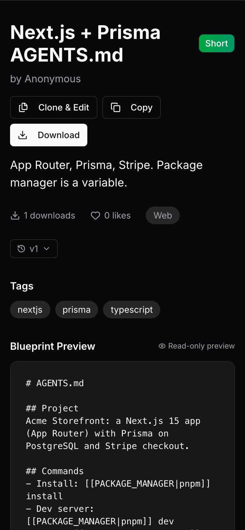 One blueprint on a phone, with its description, tags and download button