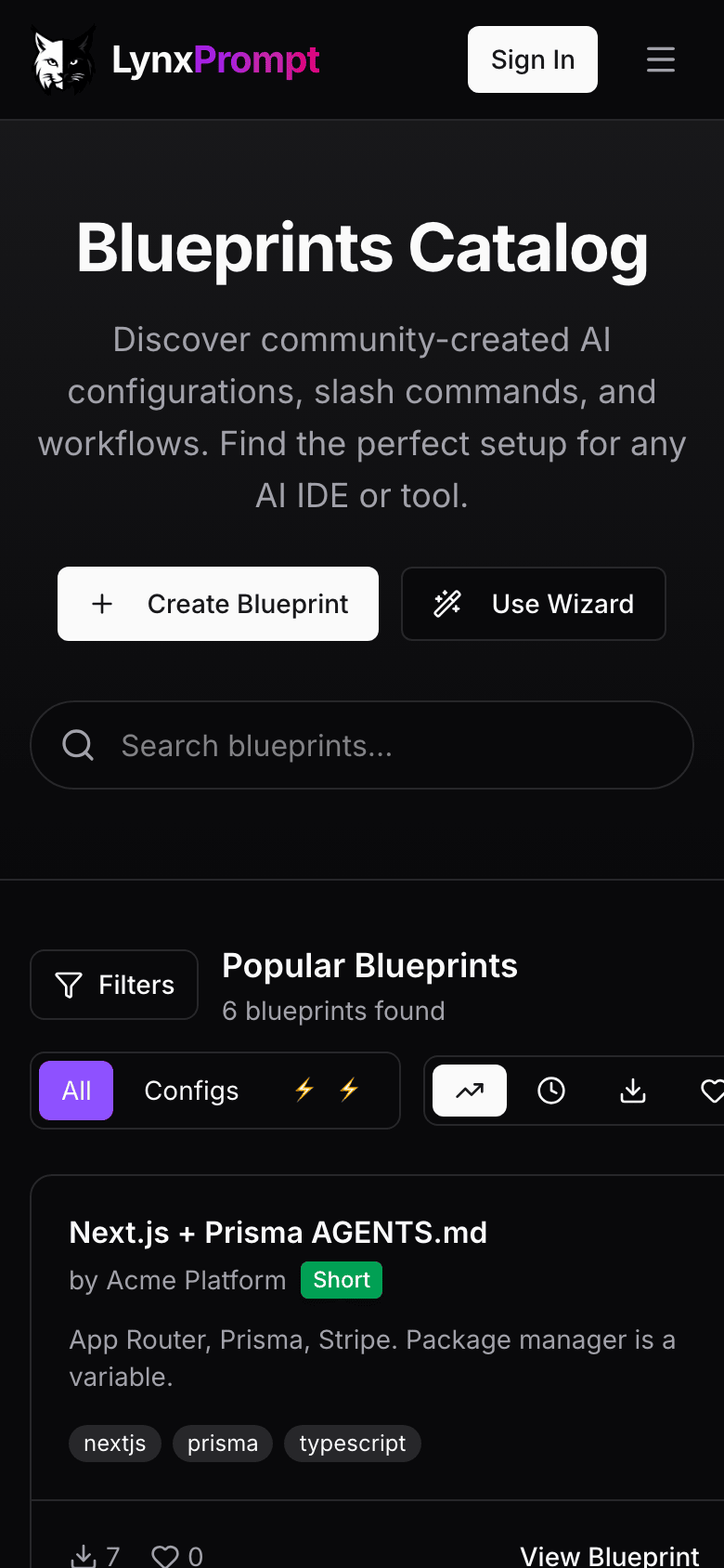 The public blueprint list on a phone