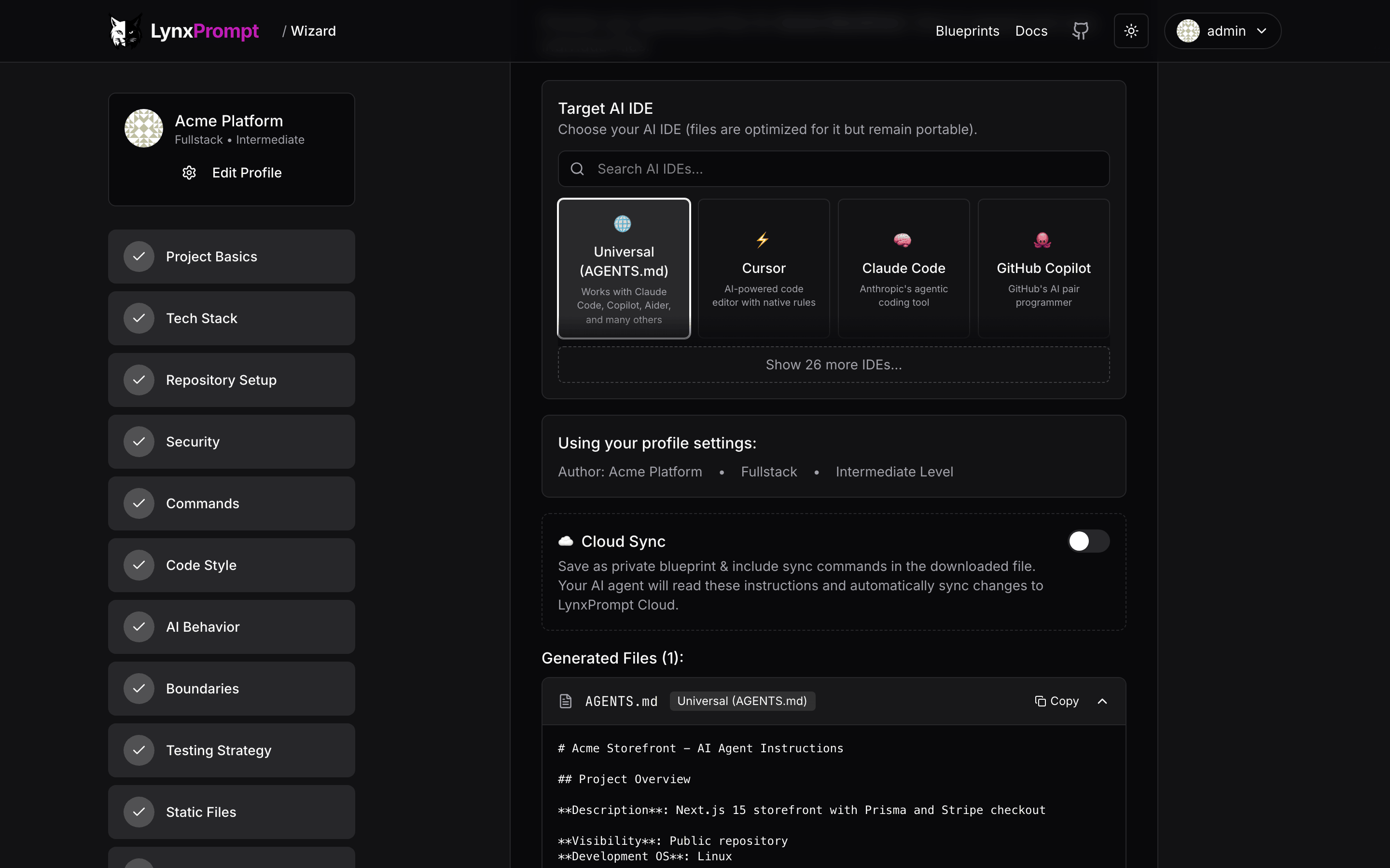 The wizard on its last step, with the generated rules and the formats to export