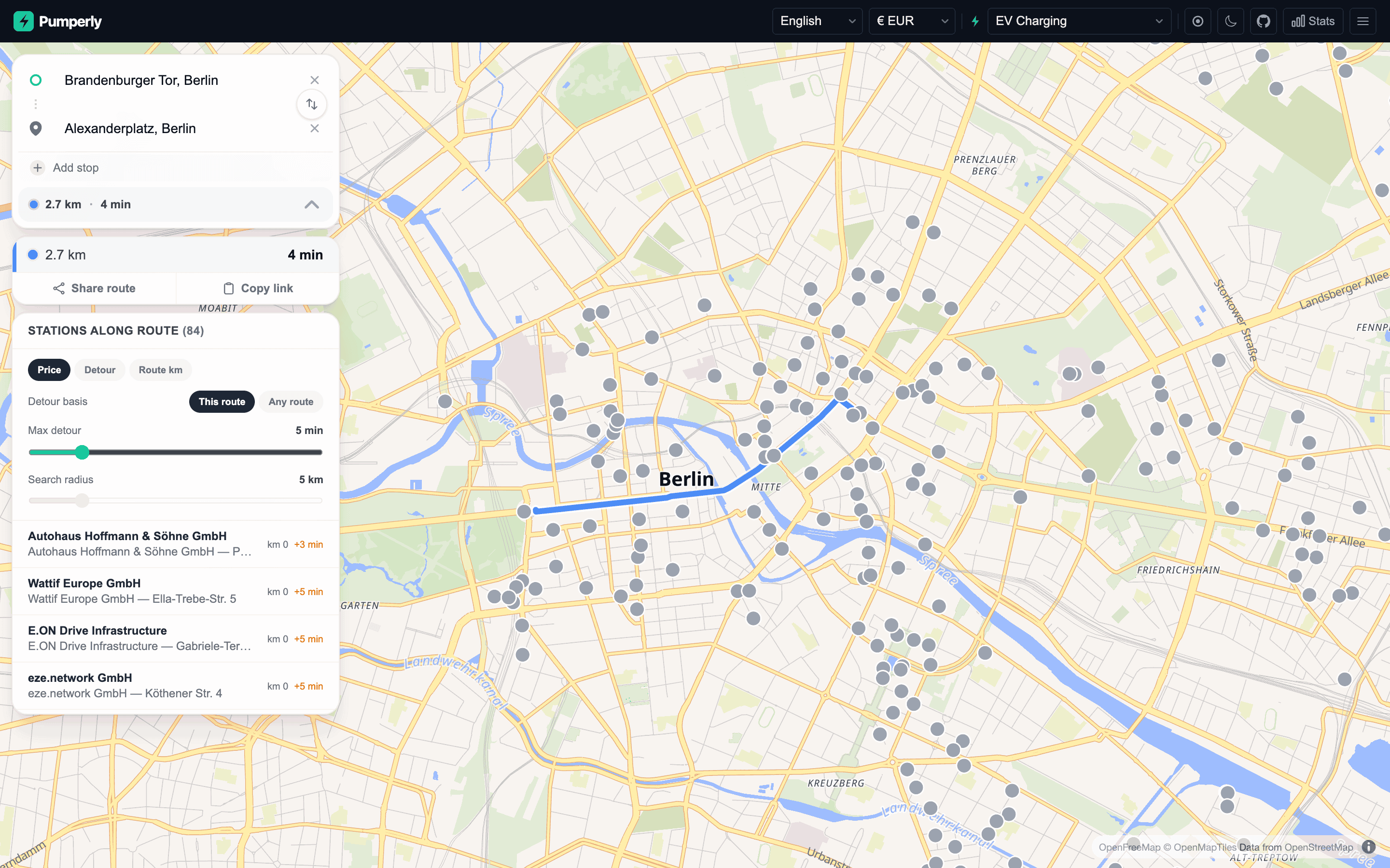 The EV layer in Berlin. Chargers are grey dots, and the side panel lists the chargers along the route with their detours.