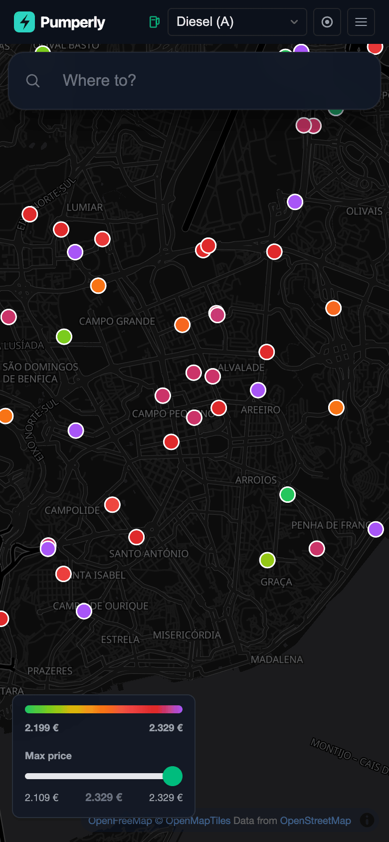 The map on a phone in dark mode, with the dark map style and the same price colours