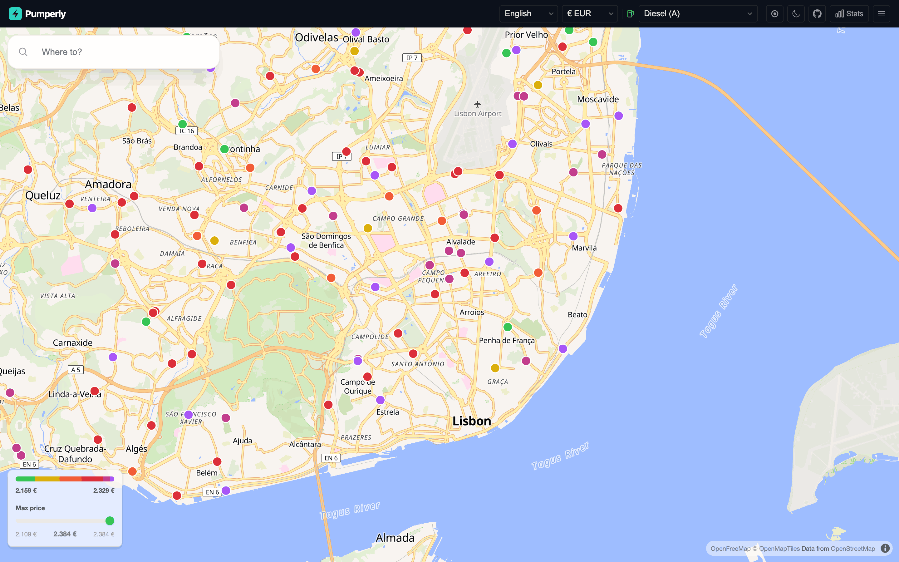 The Pumperly map over Lisbon on the diesel layer. Stations are coloured from green to purple by price, with the price legend and the max-price slider in the bottom-left corner.