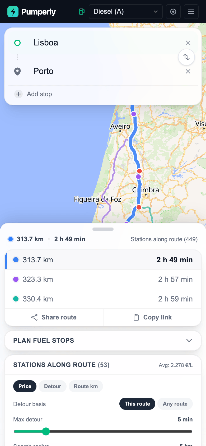 The route on a phone. The station list sits in a sheet at the bottom of the screen, opened halfway