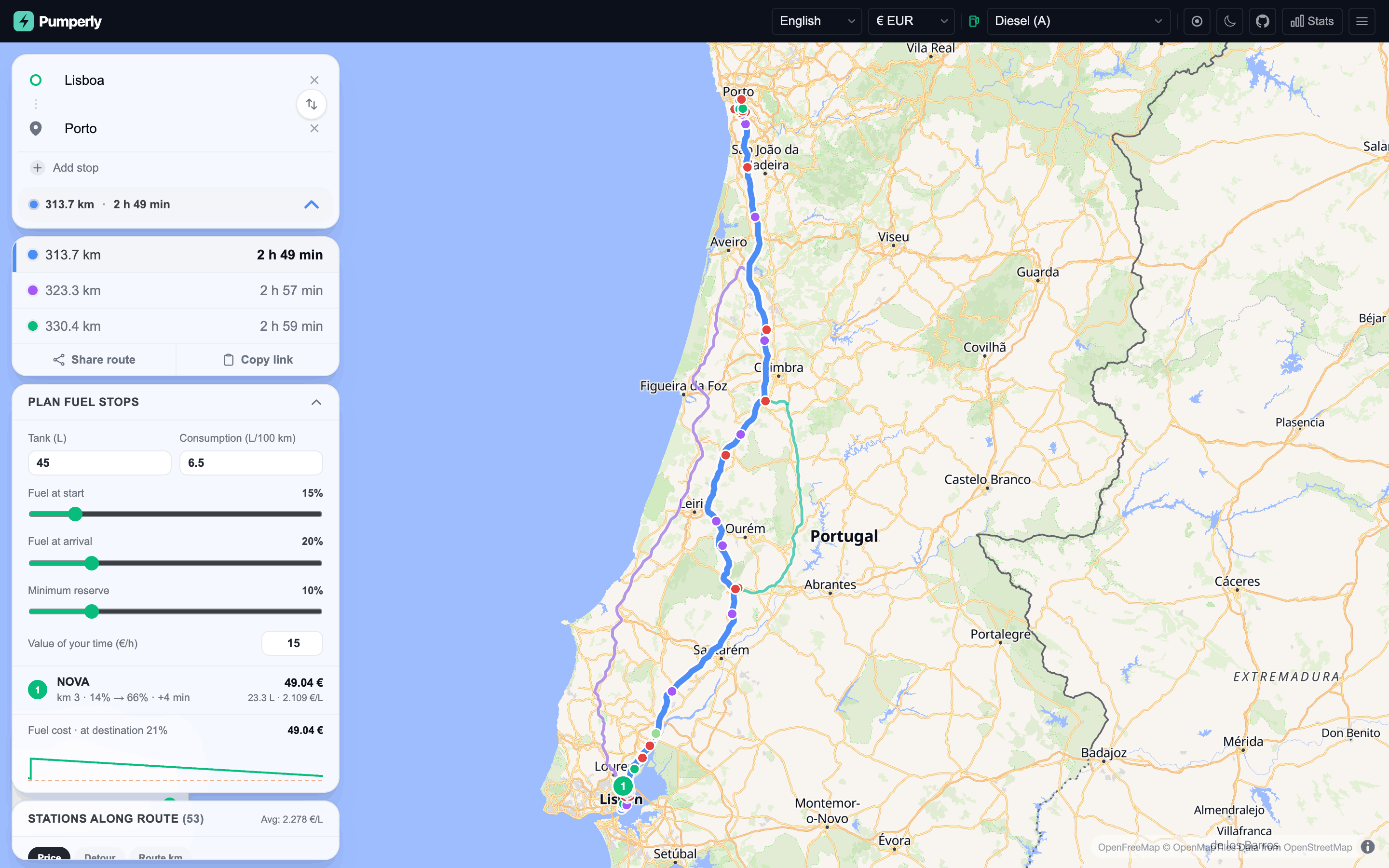 The refuel planner open under the same route. It proposes one numbered stop near Lisbon, shows the fuel level before and after it, and the total fuel cost for the trip.