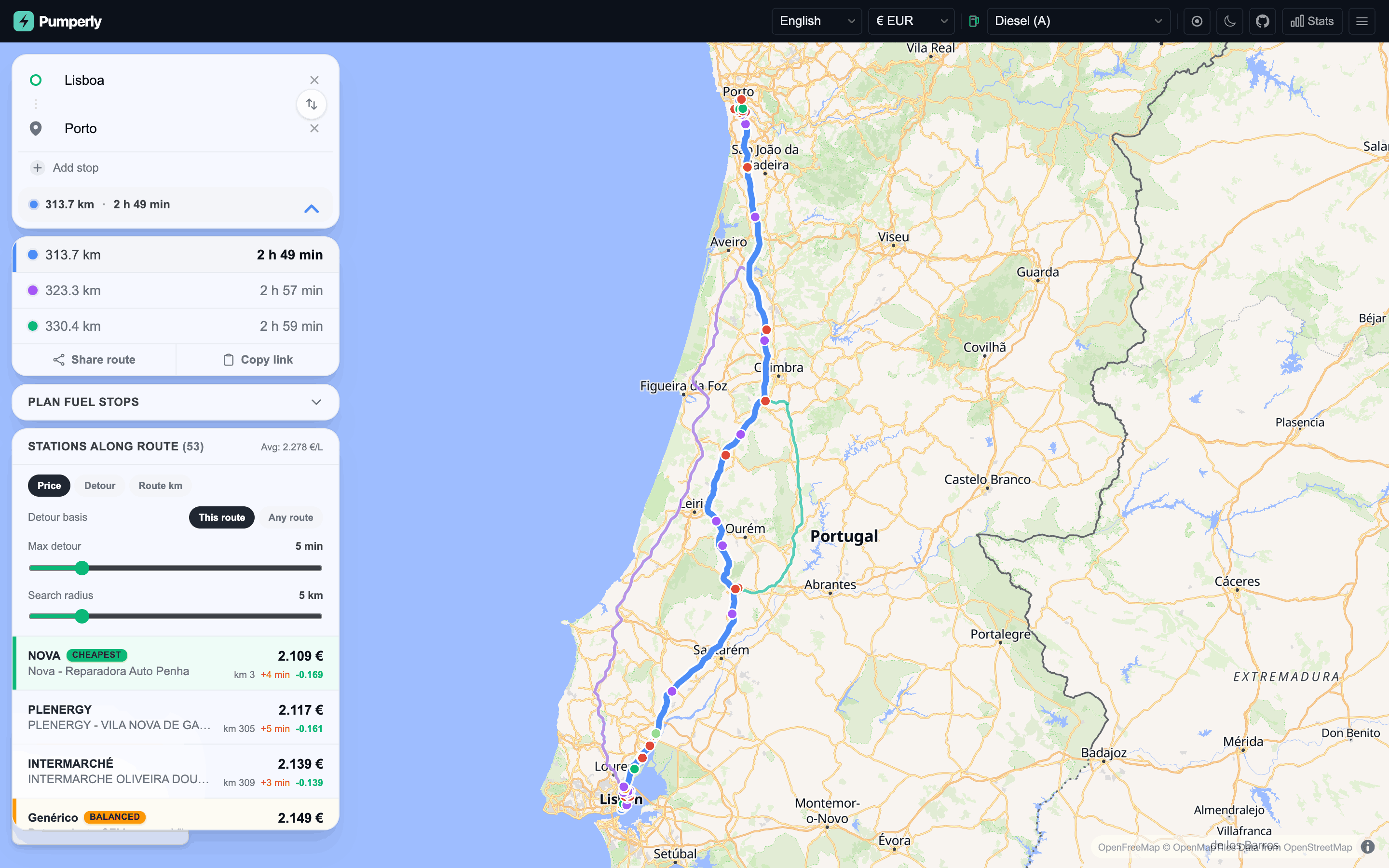 A diesel route from Lisbon to Porto. The corridor stations are coloured by price along the route line, and the side panel lists them with their detour minutes and badges.