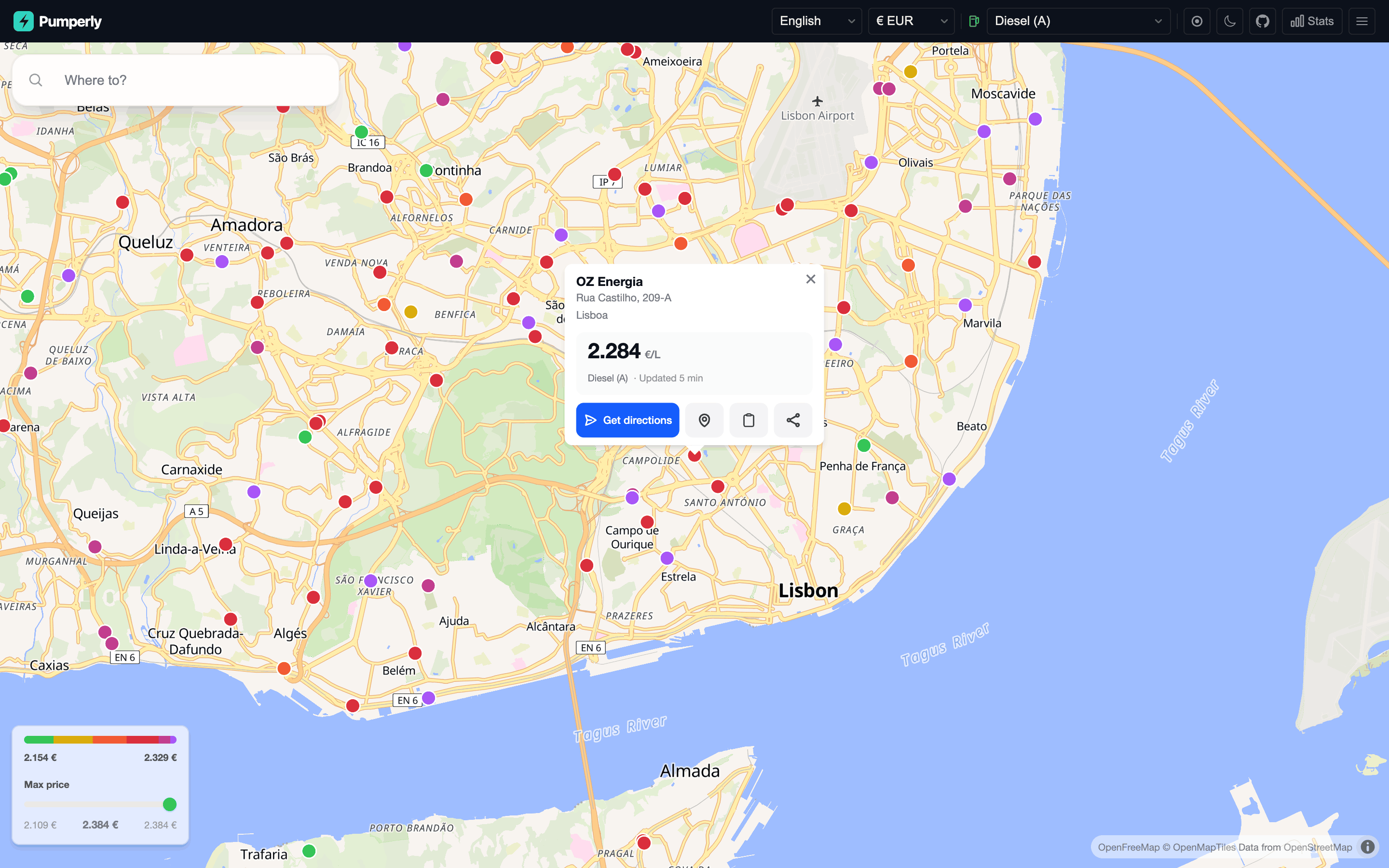 A diesel station popup in Lisbon: brand, address, the price per litre, when it was last updated, and the directions, pin, copy and share buttons. The price legend and the max-price slider sit in the bottom-left corner.