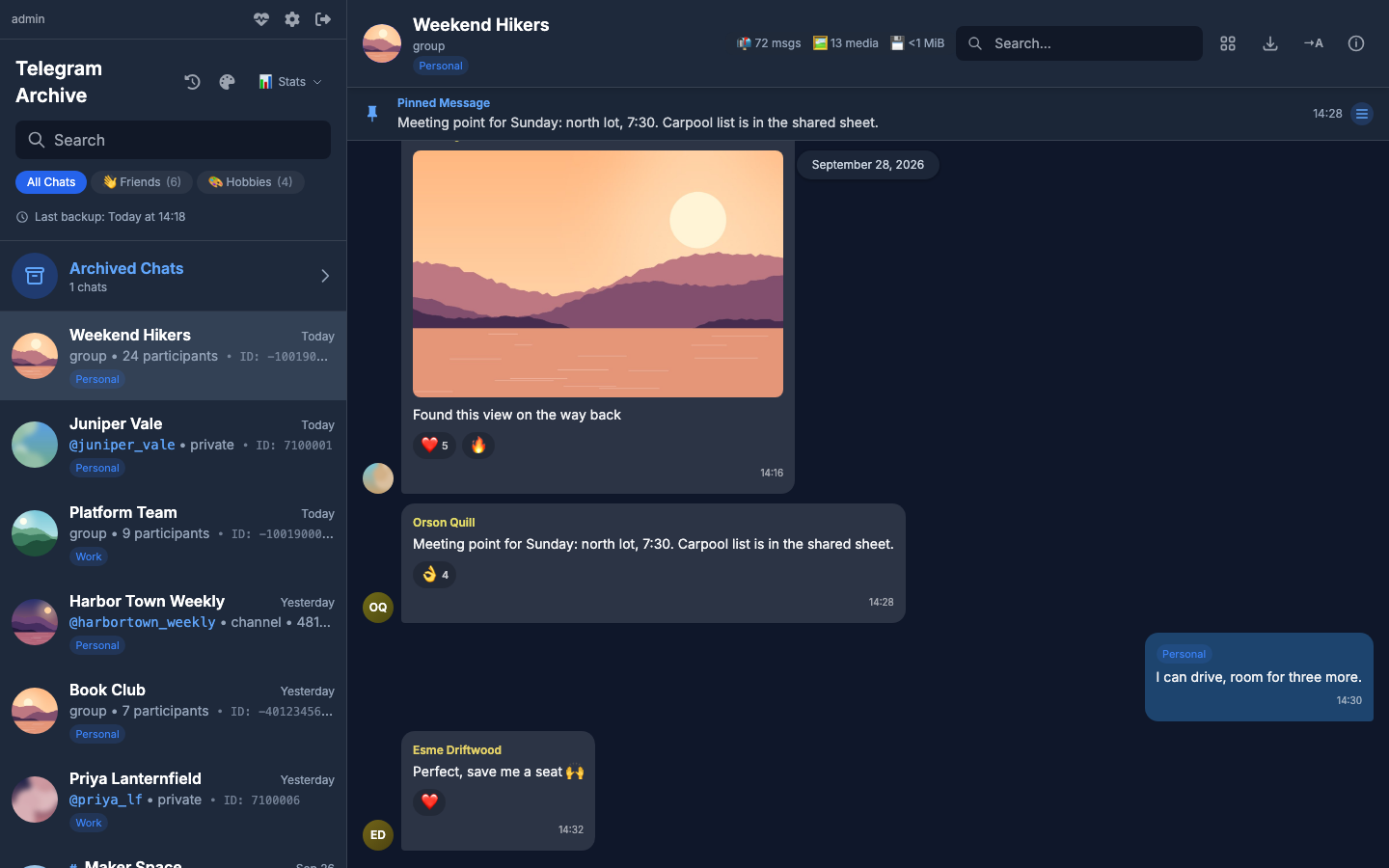 A group chat open in the viewer, with a pinned message, a photo and reactions