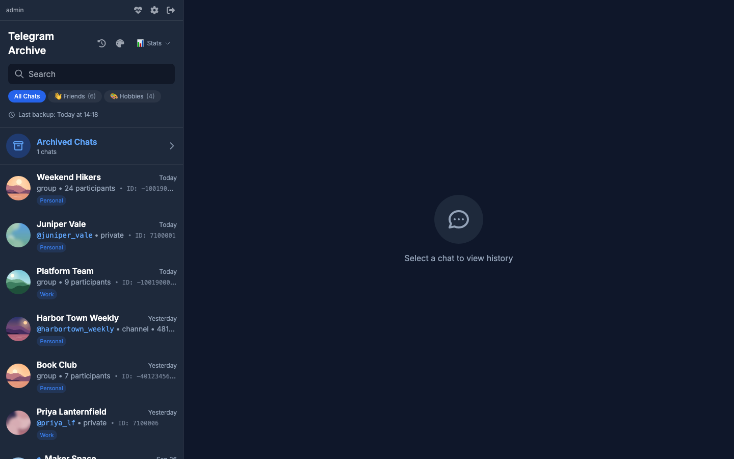 Viewer chat list with folder tabs above the chats