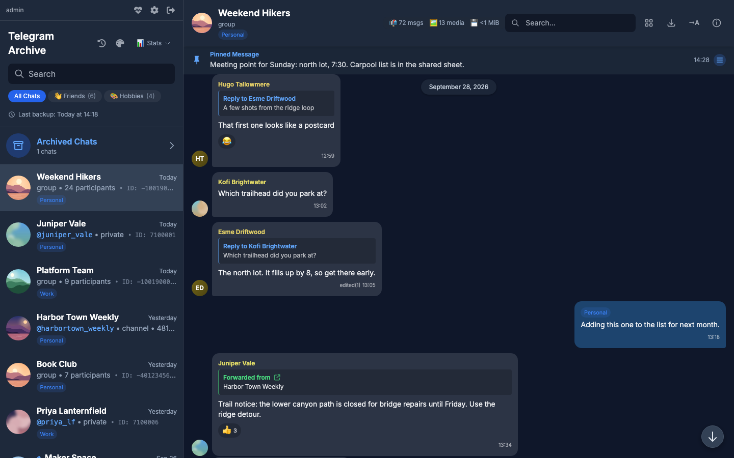 Replies with quoted context, an edited message and a forward from a channel