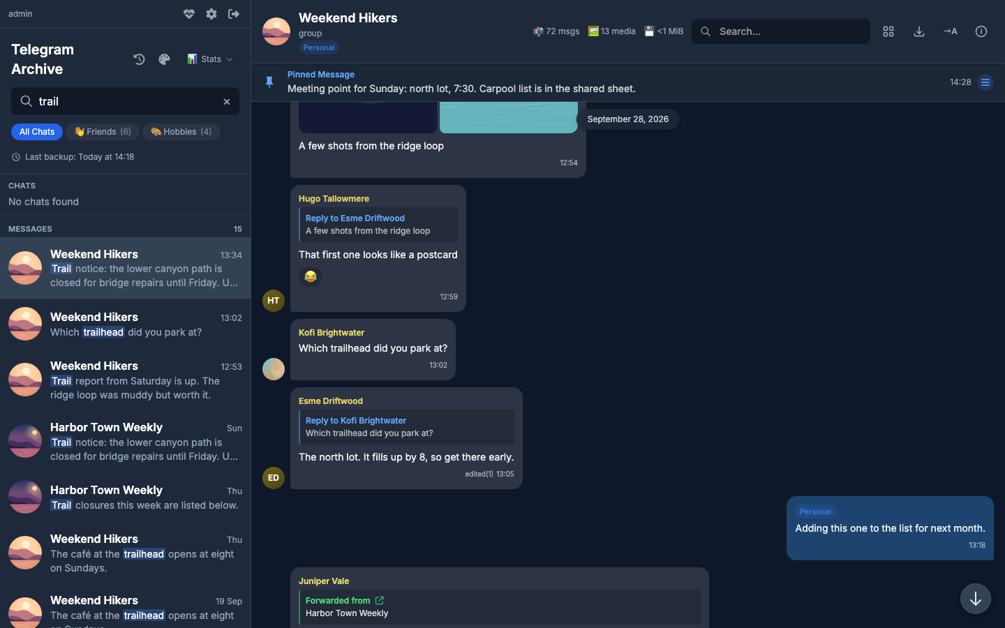Global search for "trail" with message hits in the sidebar and the chat opened at the clicked hit
