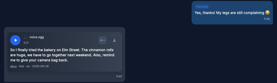 A voice note with its transcript open under the player