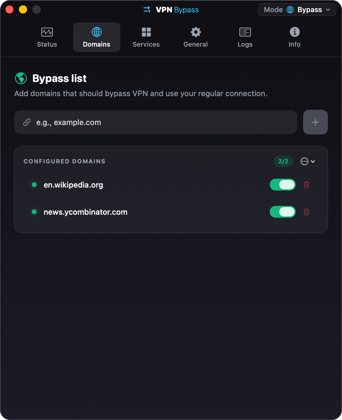 The Domains tab, titled Bypass list: two domains, each with its switch on, and the field to add another