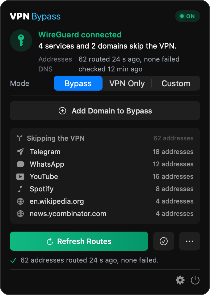 The dropdown in Bypass mode: WireGuard connected, the pill reads ON, and four services and two domains skip the VPN, each with how many addresses it routes