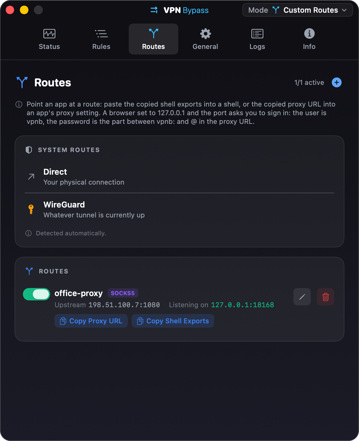 The Routes tab in Custom mode: Direct, the detected VPN, and a SOCKS5 proxy route with its local address and copy buttons