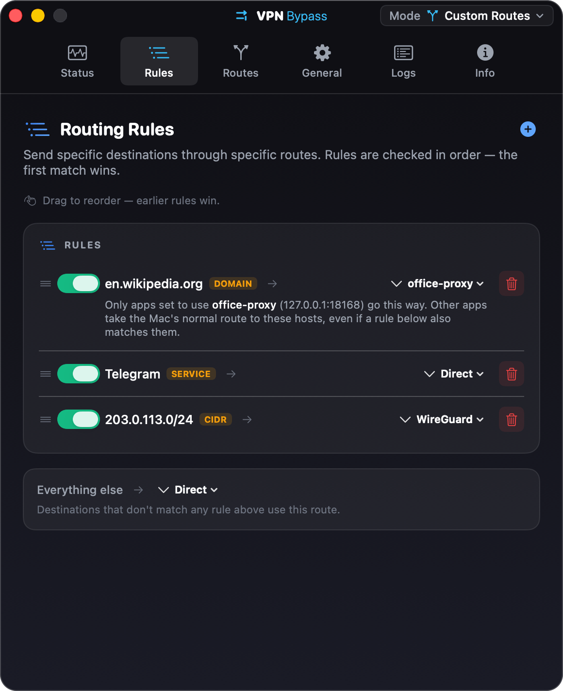 The Rules tab in Custom mode: a domain sent to a SOCKS5 proxy, a service sent direct, a subnet sent to the VPN, and the pinned default rule