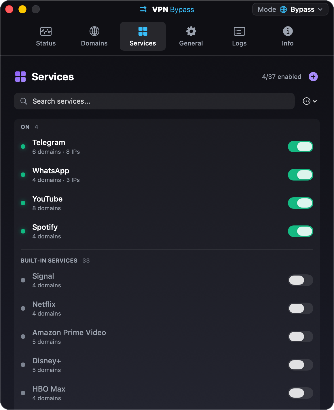 The Services tab: the four services that are on, Telegram, WhatsApp, YouTube and Spotify, listed first under On, then the other built-in services, each with a switch