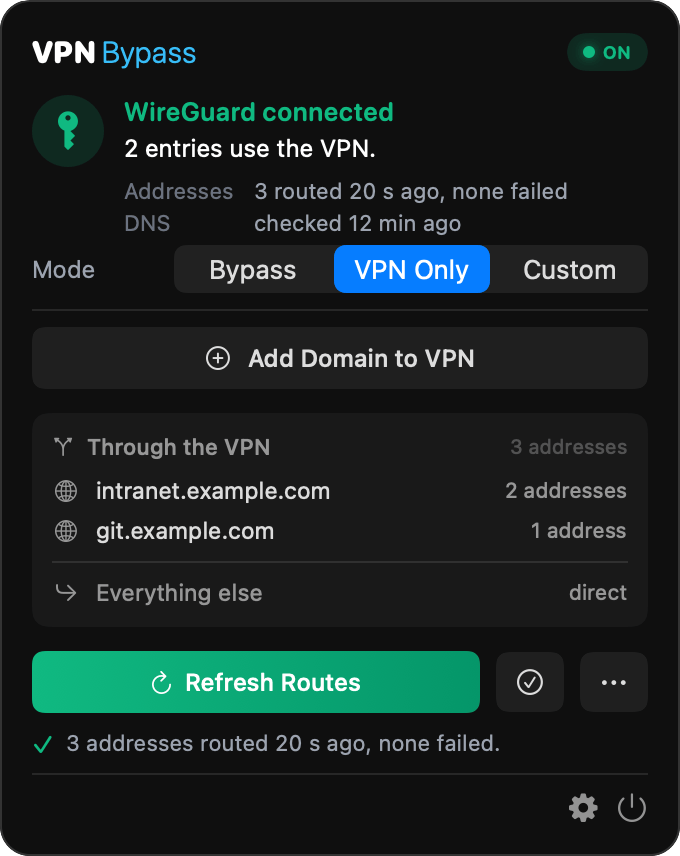 The dropdown in VPN Only mode: the Mode control on VPN Only, the pill reads ON, two domains go through the VPN, and everything else goes direct