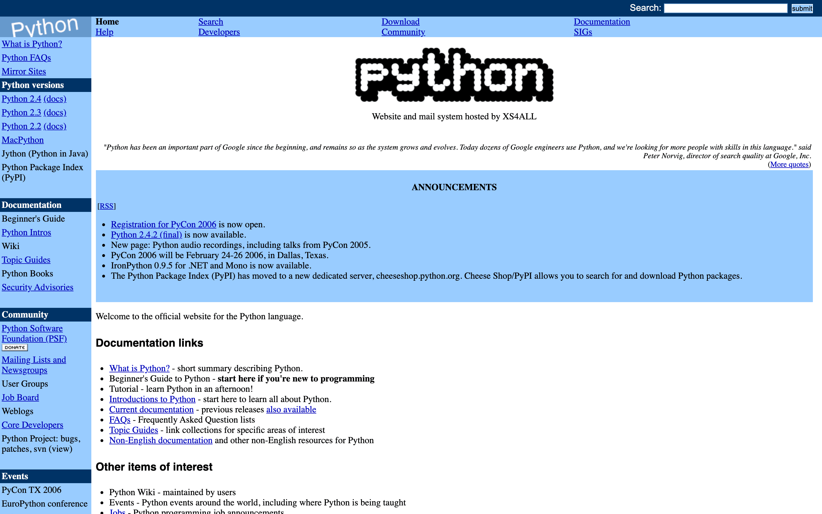 The rescued python.org homepage of 31 December 2005, opened from the local copy: the original layout, stylesheet and images, with no Wayback Machine toolbar