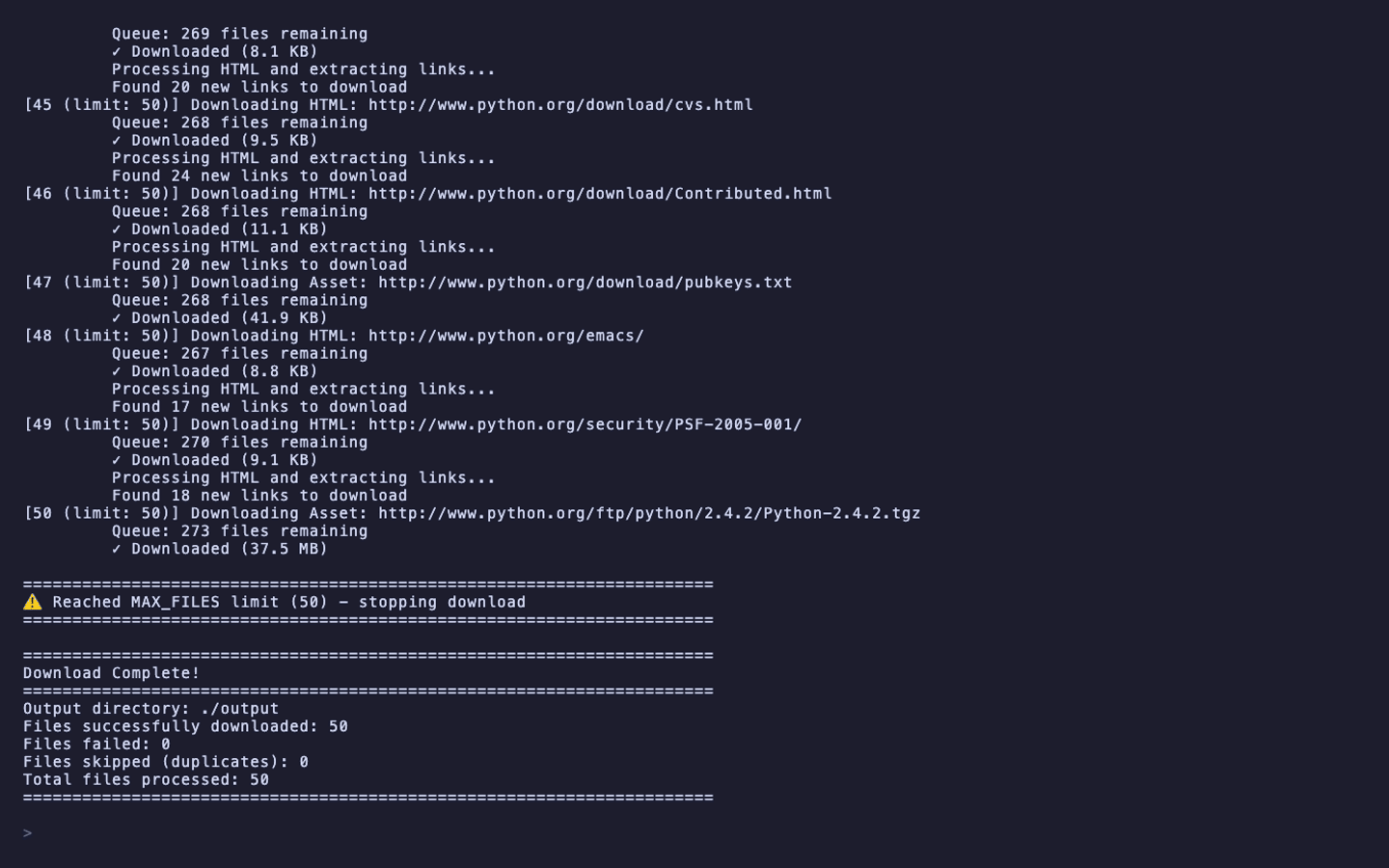 The end of a run in a terminal: numbered download lines for HTML, CSS and image files, then the Download Complete block with the files downloaded, failed and skipped