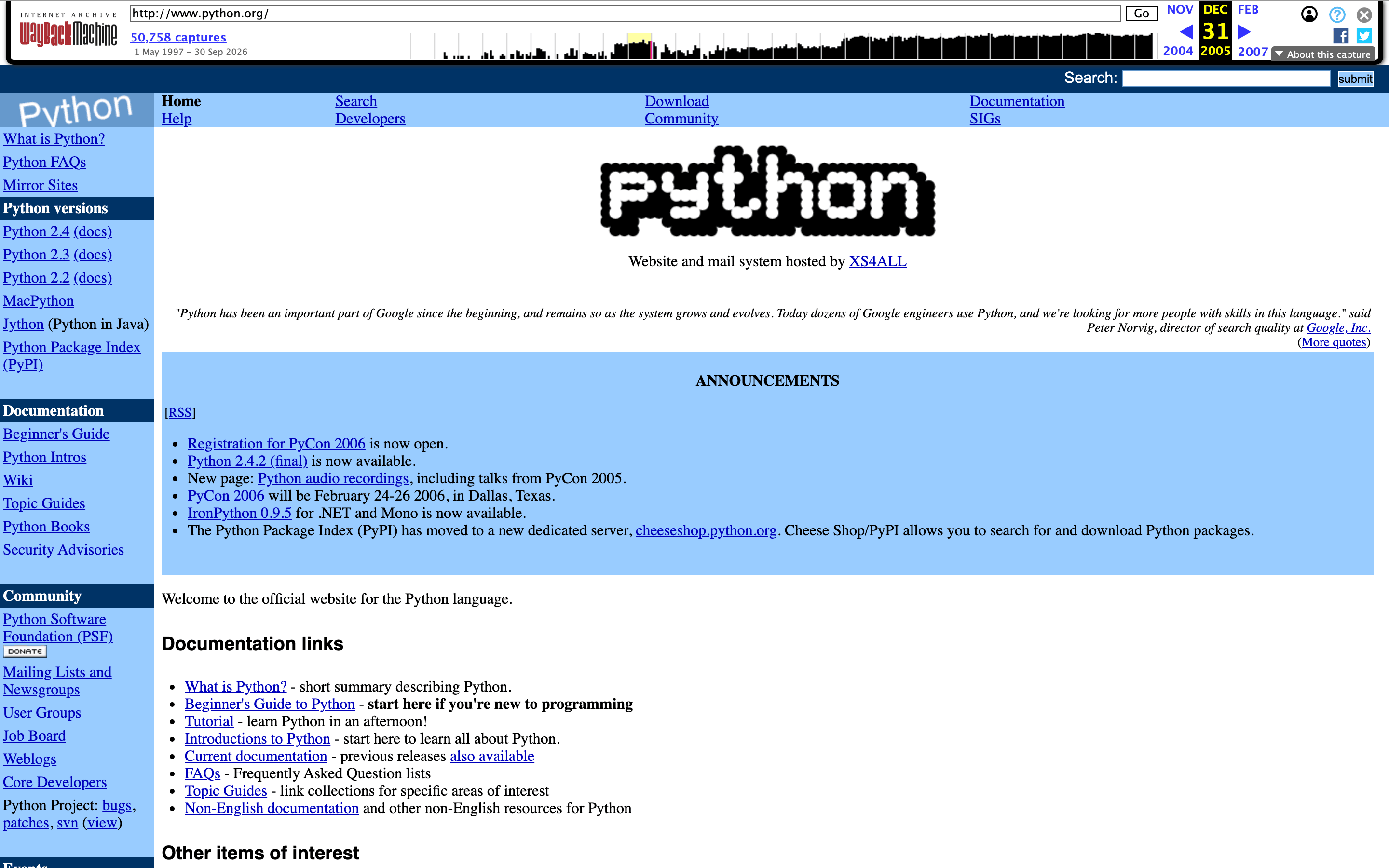 The same page on web.archive.org, with the Wayback Machine toolbar across the top and archive.org prefixes in every link
