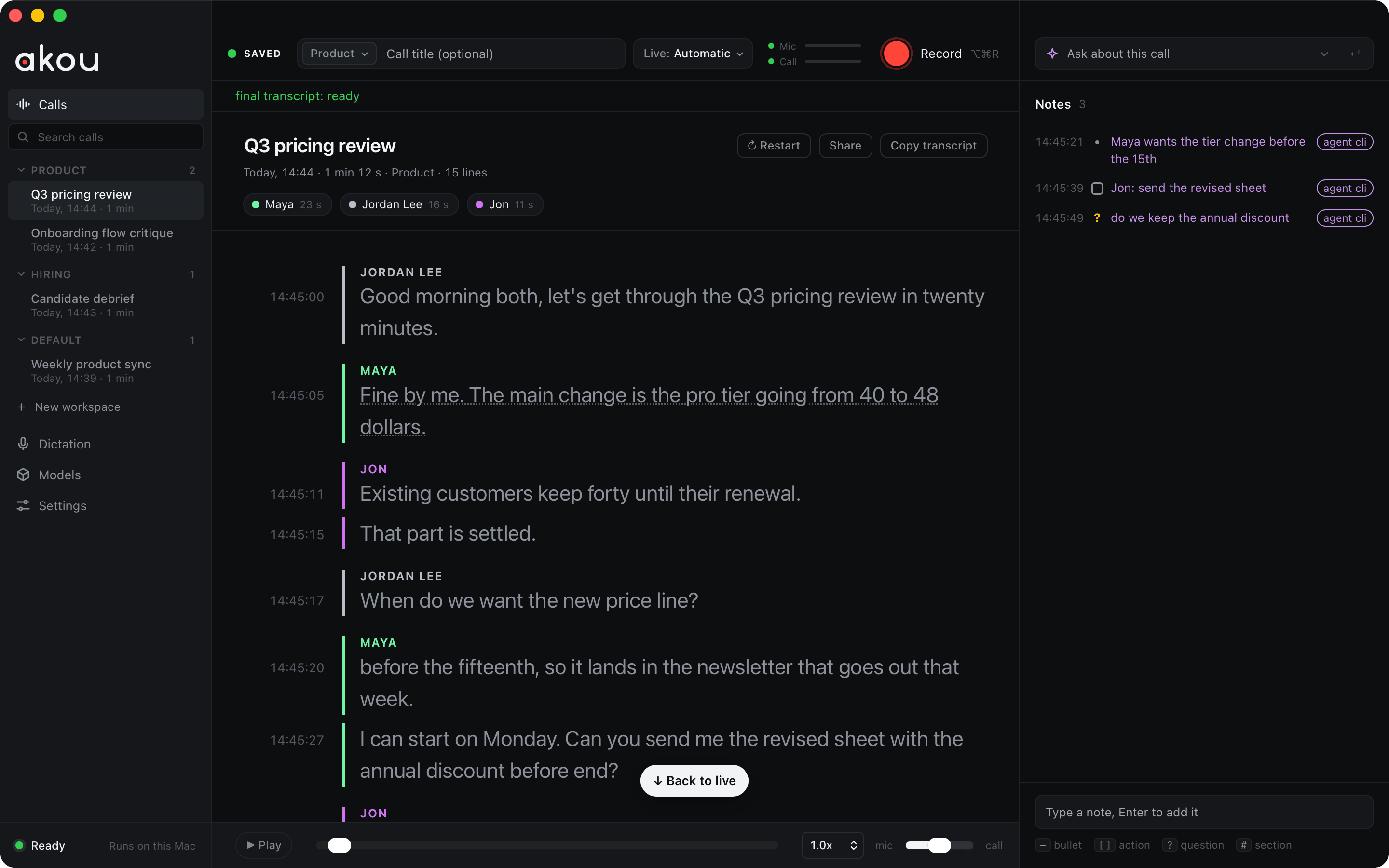 A saved call: the sidebar lists the calls by workspace, the header shows three speakers with their talk time, the transcript has a time and a name on every line, and the notes sit on the right