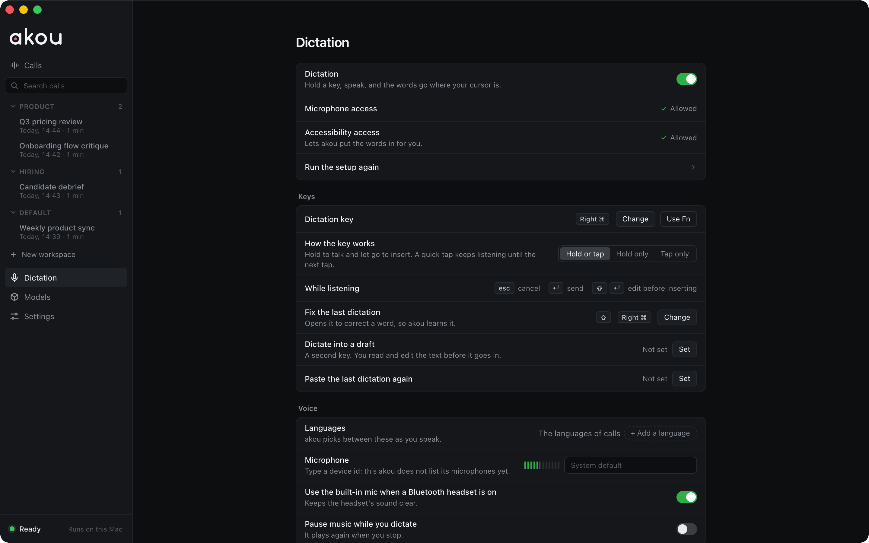 The Dictation page: the key to hold and how it works, the keys while listening, the languages and the microphone