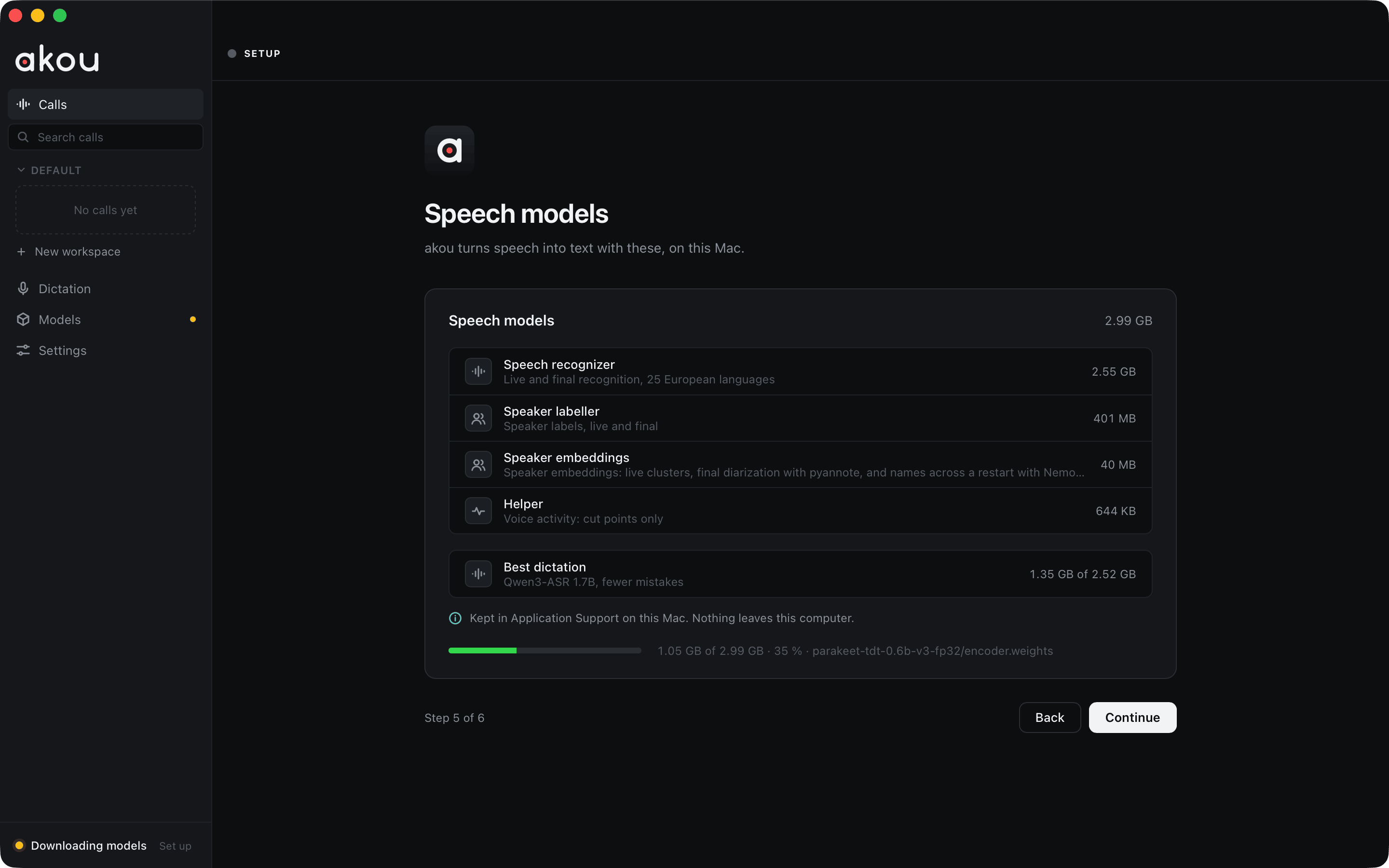 The first run: the speech models step of the setup, listing the recognizer and the speaker models with their sizes and a download in progress