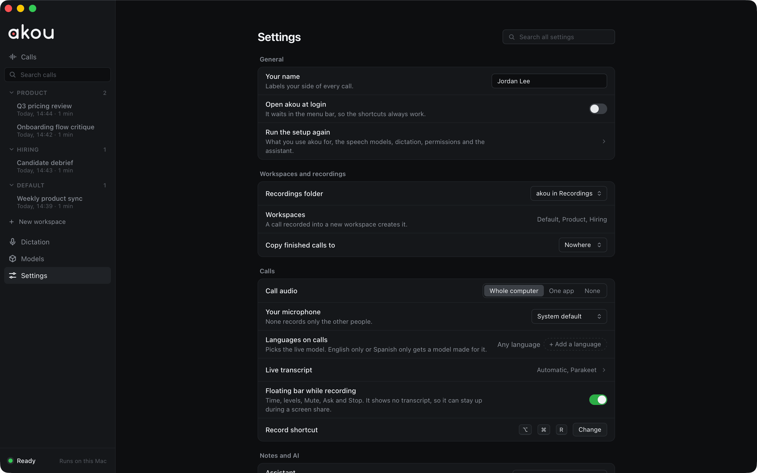 The Settings page: your name, open at login, the recordings folder, the workspaces, the call audio, the languages, the live transcript, the floating bar and the record shortcut