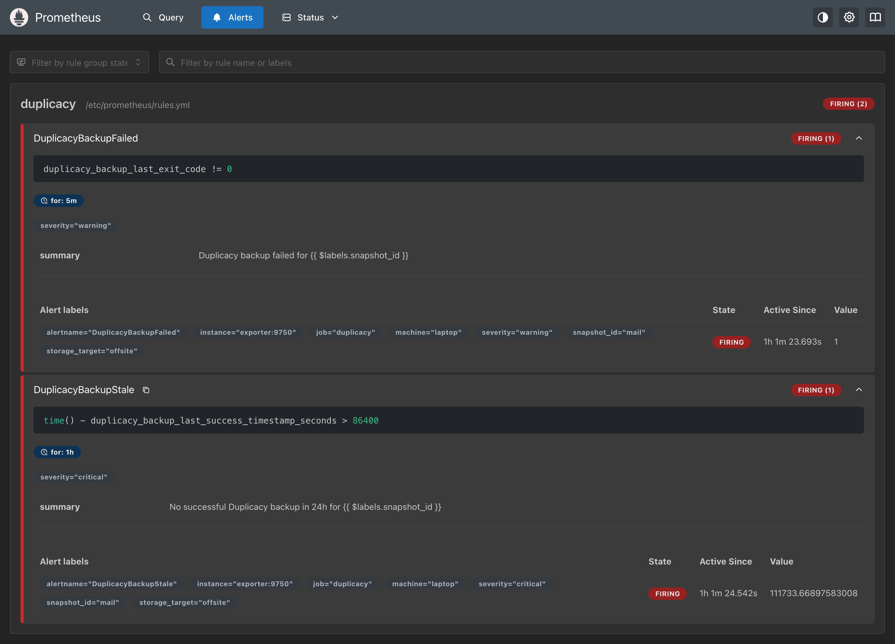 The Prometheus alerts page: the duplicacy rule group with DuplicacyBackupFailed and DuplicacyBackupStale both firing for the mail snapshot from laptop to the offsite storage