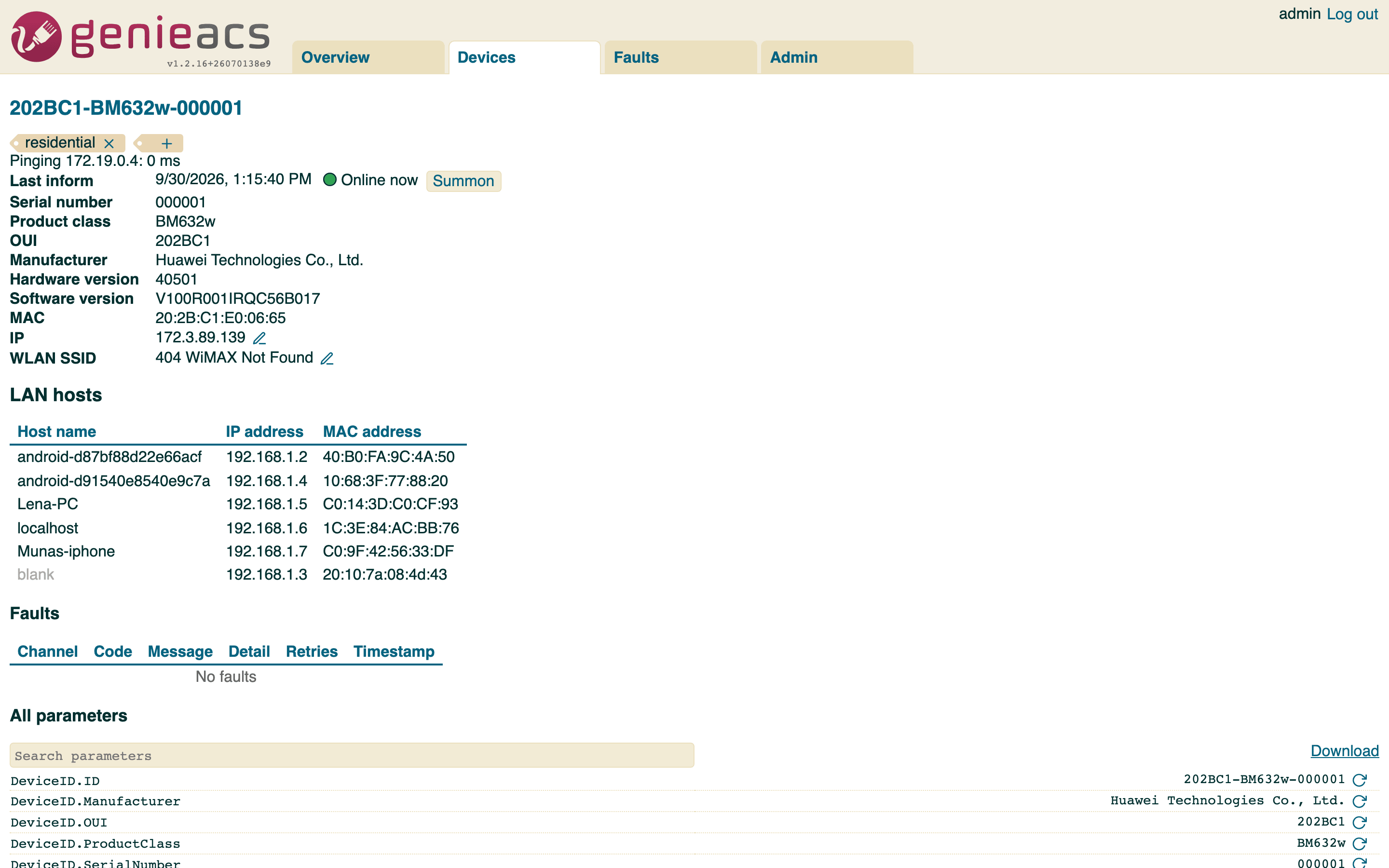 One device's page with its parameters and the LAN hosts table