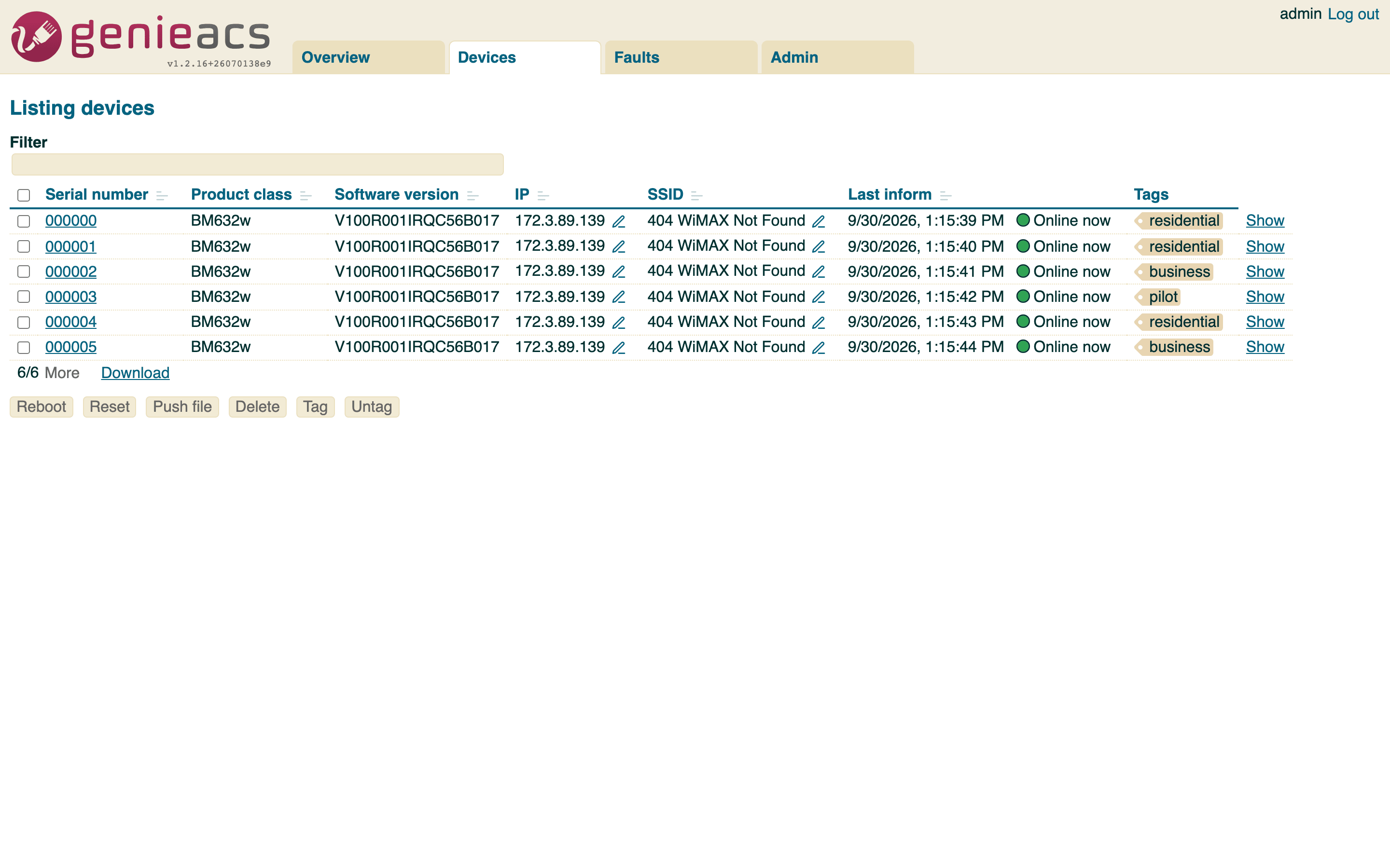 The GenieACS Devices list: six simulated CPEs with serial number, product class, software version, IP, SSID, last inform and tags, and the filter bar above them