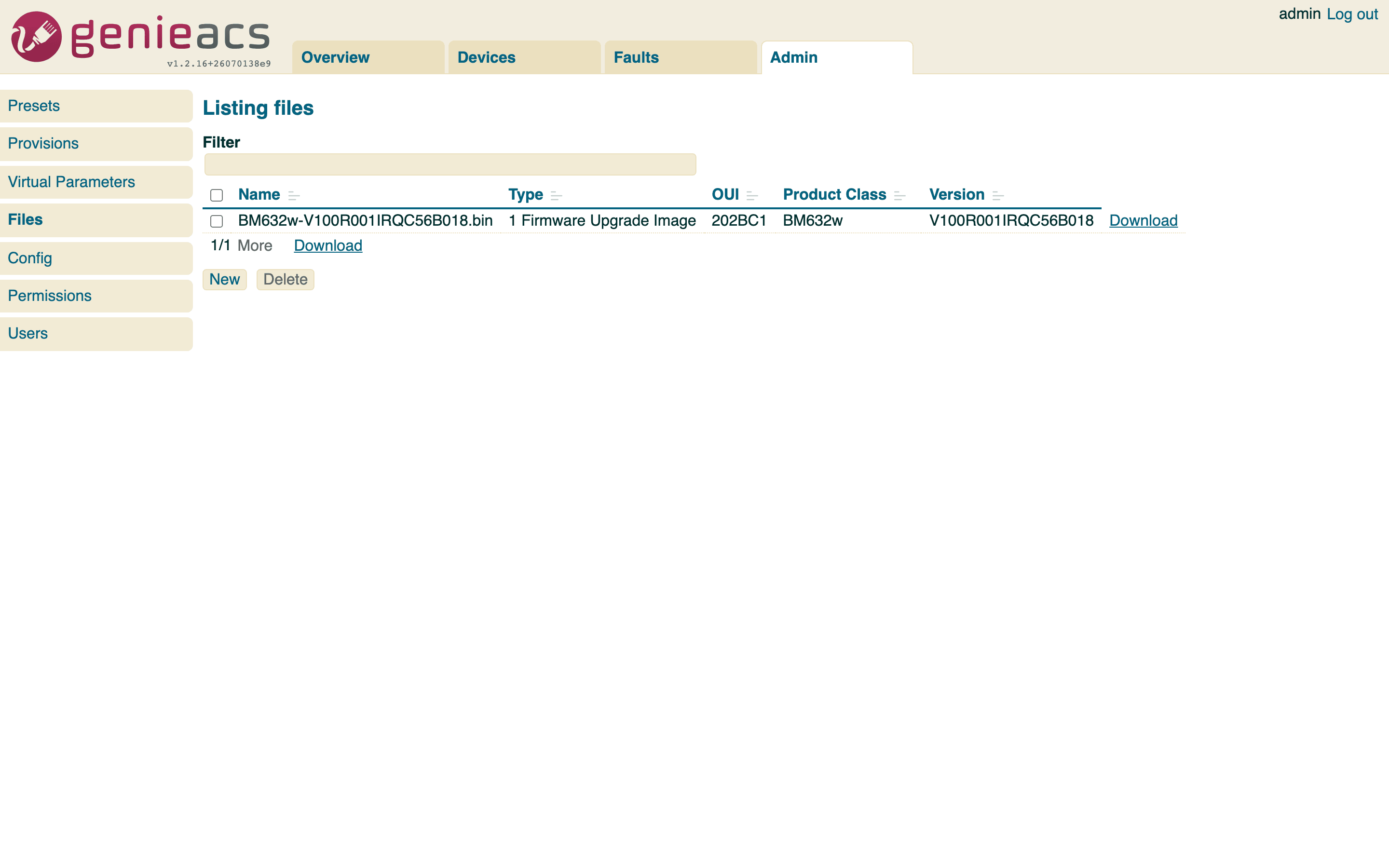 The Files page under Admin with one firmware image uploaded, showing its type, OUI, product class and version