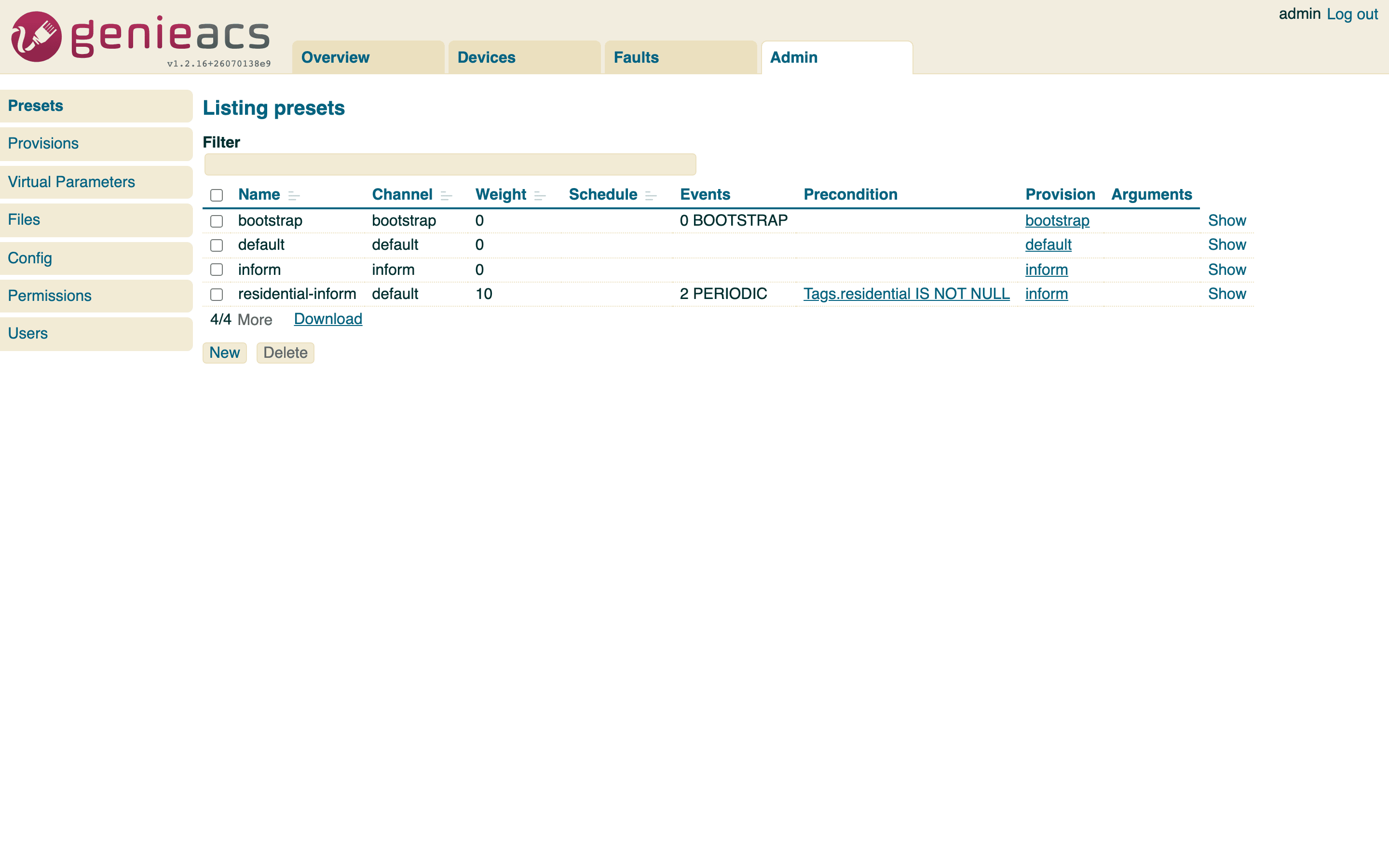 The Presets page under Admin: the bootstrap, default and inform presets plus one that targets a tag