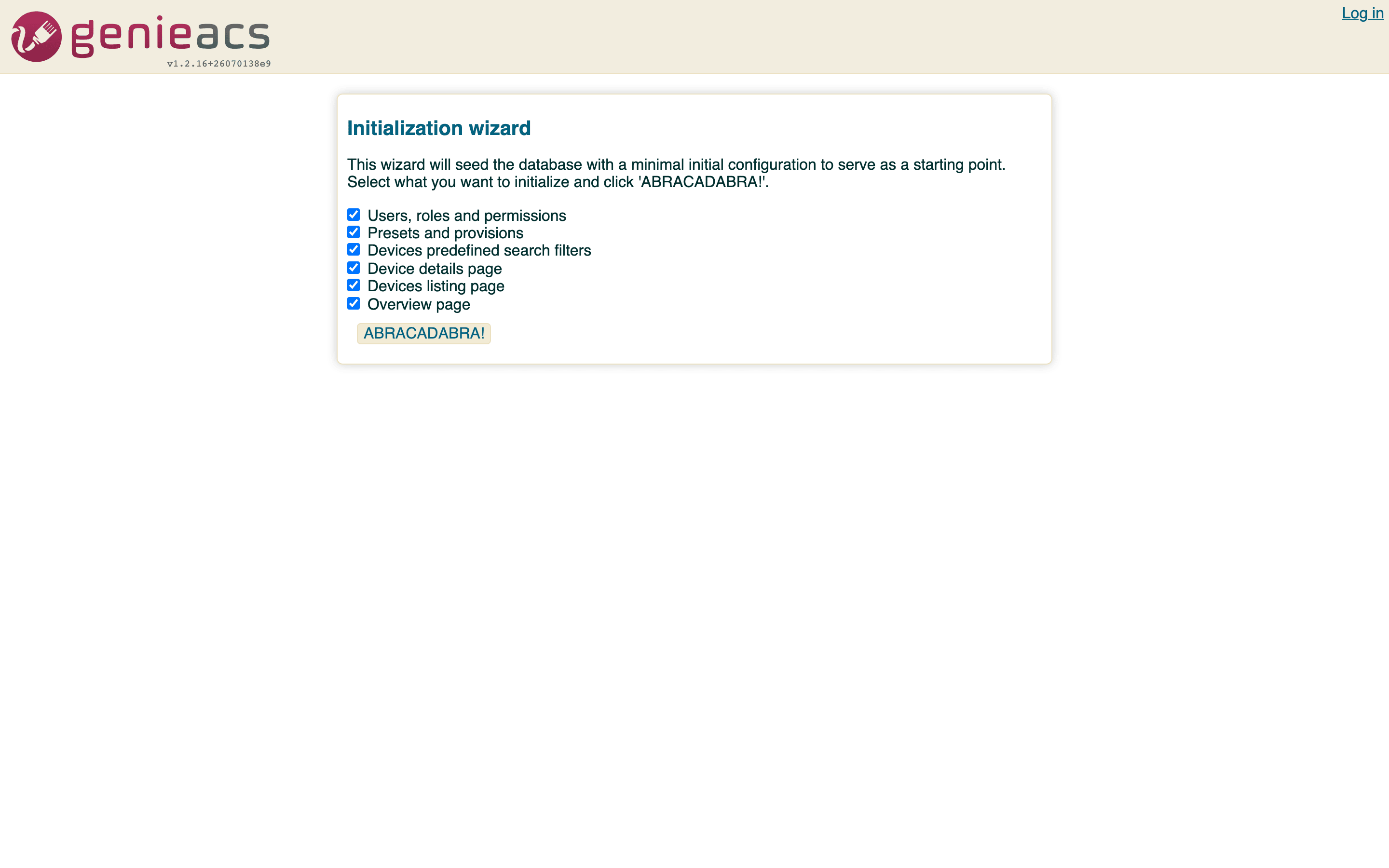 The initialization wizard with its six seed options