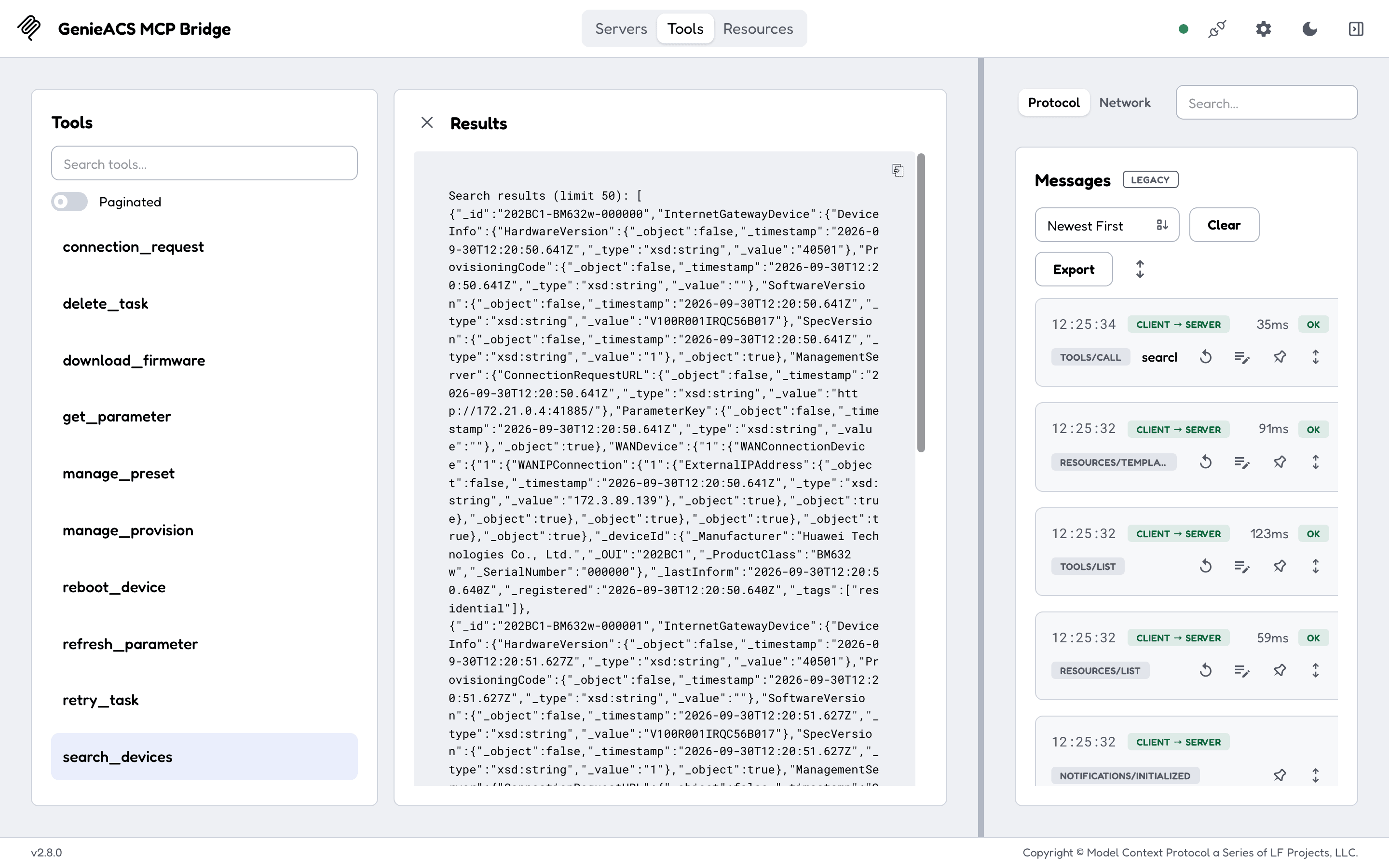 MCP Inspector connected to genieacs-mcp: the search_devices tool run with the query _tags residential, and the result listing simulated Huawei BM632w devices with their ids, manufacturer, last inform and tags