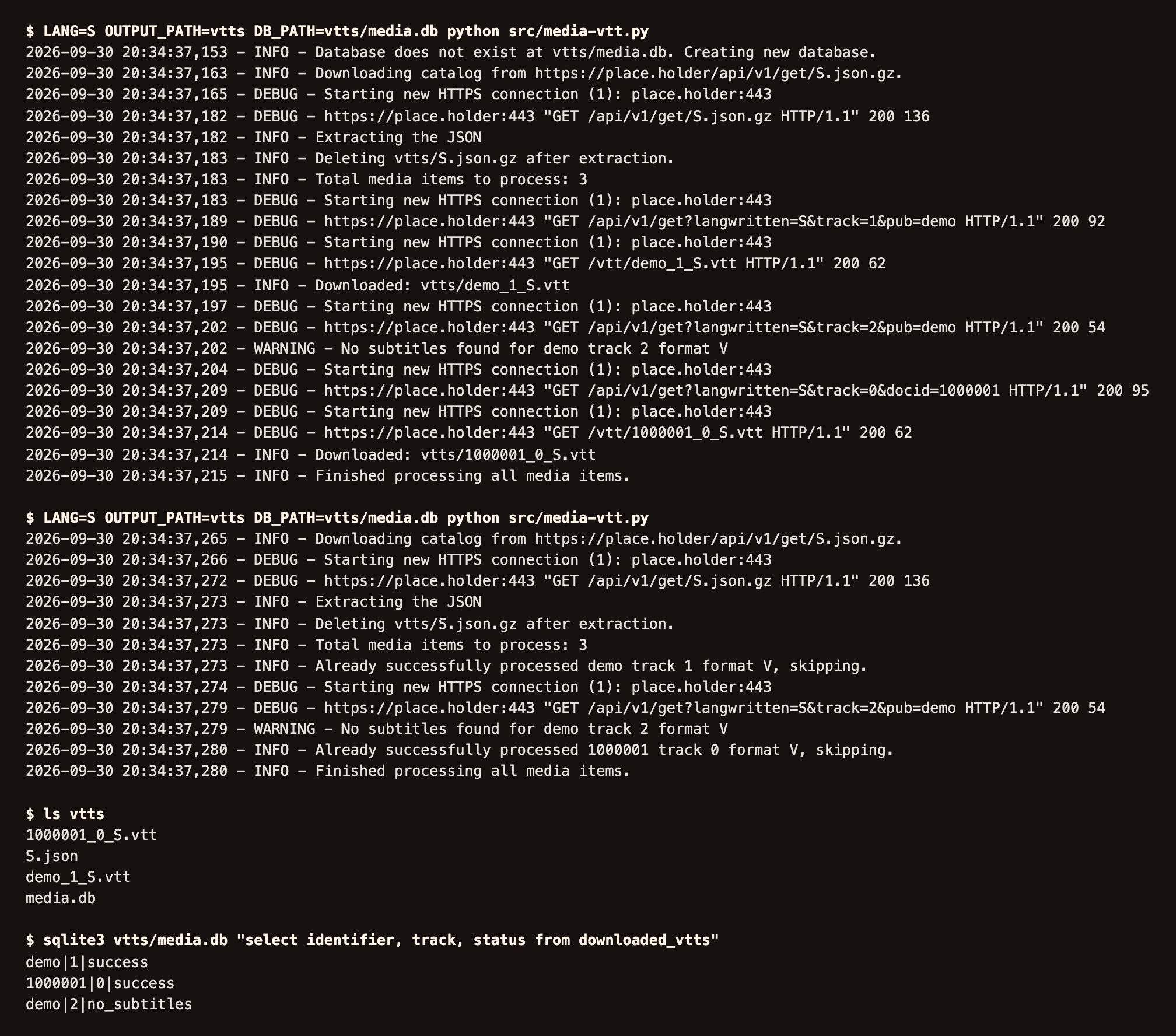 media-vtt.py run twice against a stand-in catalog of three media items, then the output folder and the rows of media.db