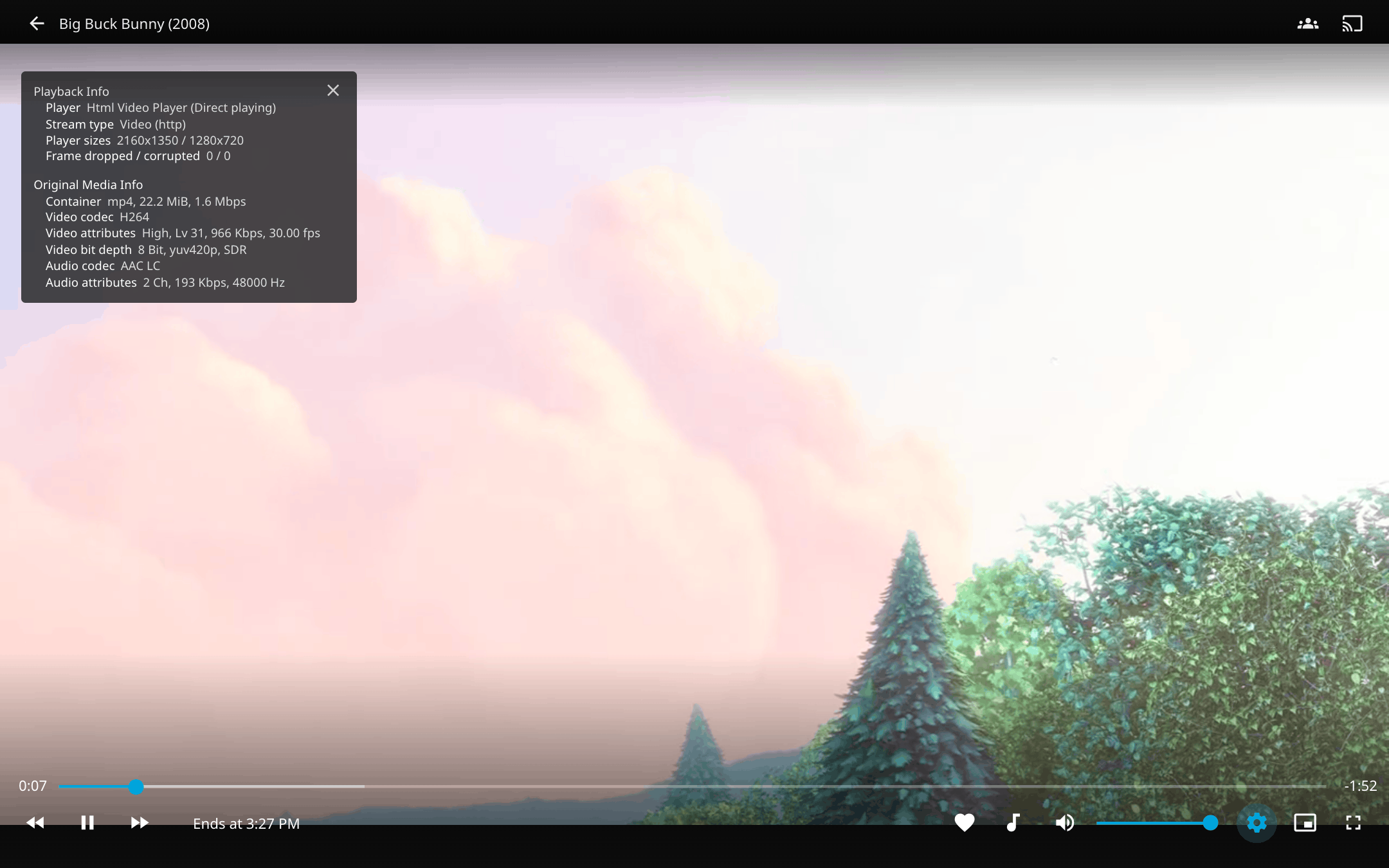 The Jellyfin player on the 720p copy with Playback Info open: Direct playing, 1280x720, H264