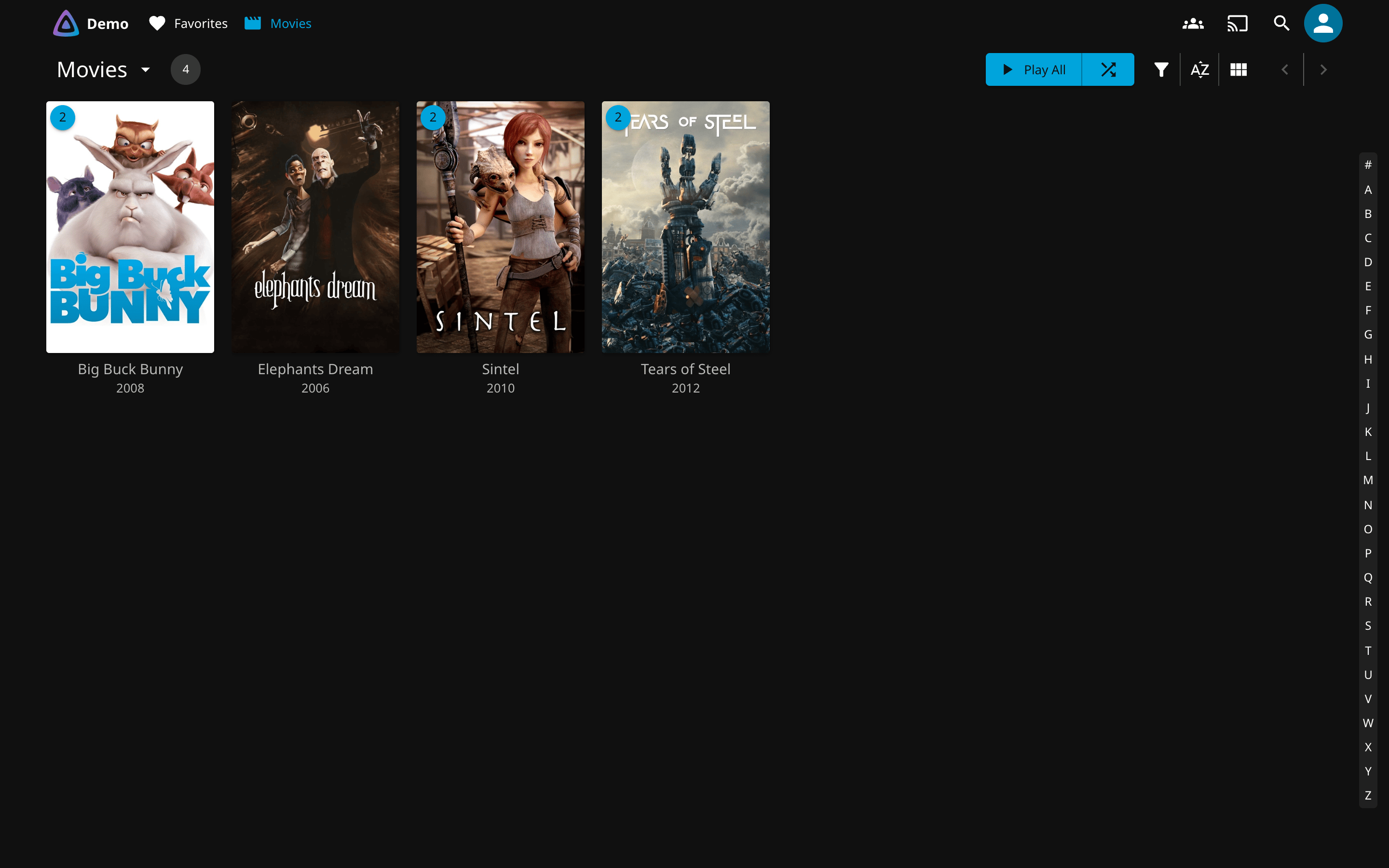 The Movies library in Jellyfin after the run: four posters, each film once