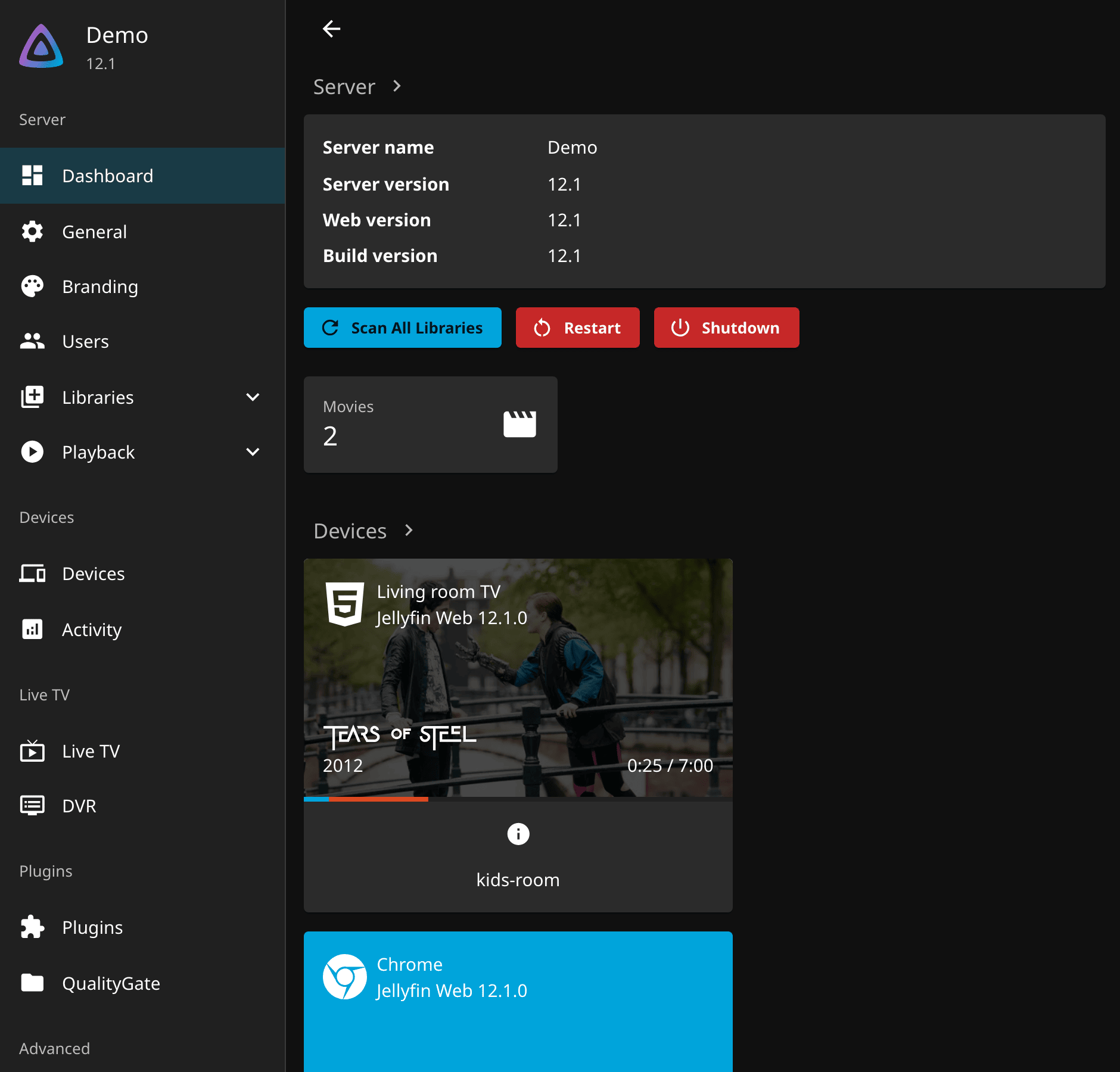 The dashboard while kids-room, capped at 720p, plays Tears of Steel: the device card shows the client, the film and kids-room