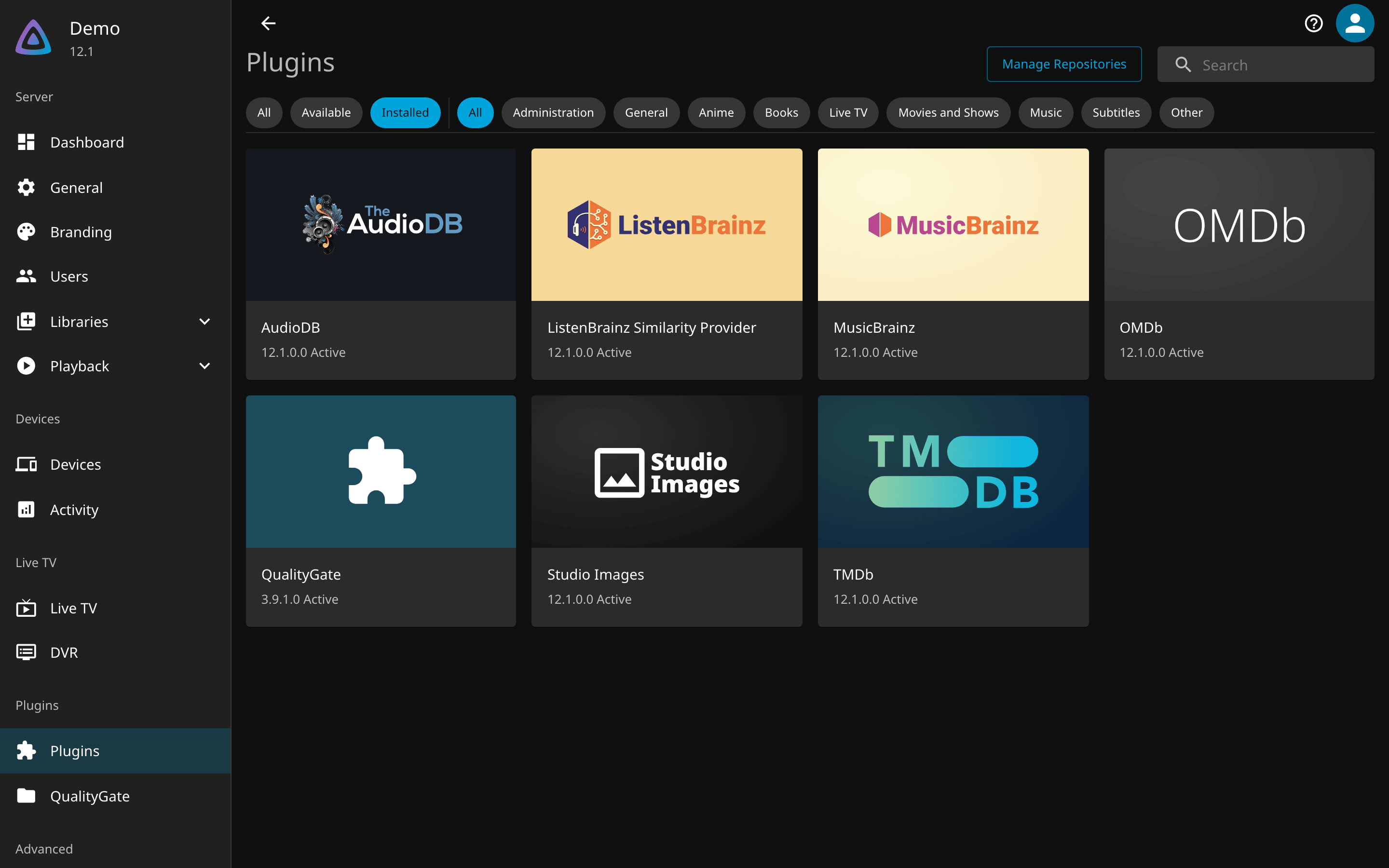 Dashboard, Plugins: the QualityGate card showing version 3.9.1.0 and Active