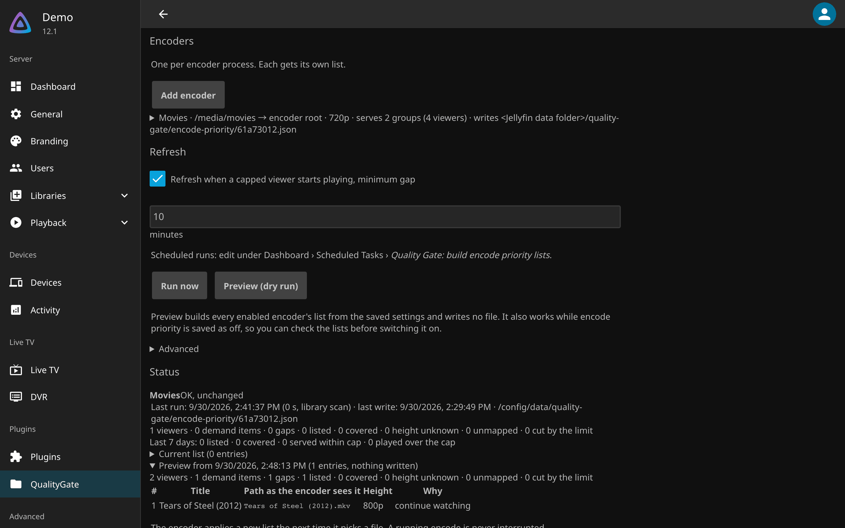 The Encode Priority section: one encoder named Movies over /media/movies producing 720p and serving two groups of viewers, and a preview list with Tears of Steel at rank 1 because a capped viewer has it in Continue Watching