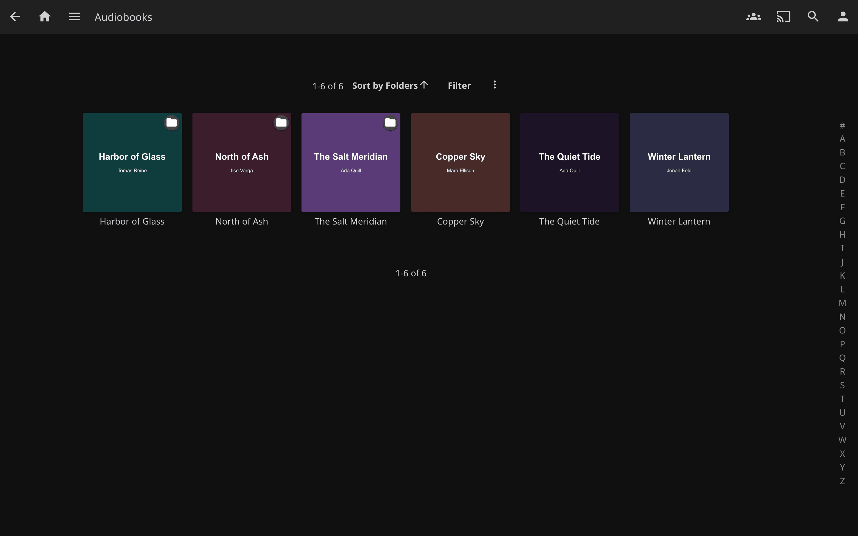 A Jellyfin audiobooks library: two folder audiobooks and a multi-disc one showing the art of their first track, two M4B files and one MP3 showing their embedded art