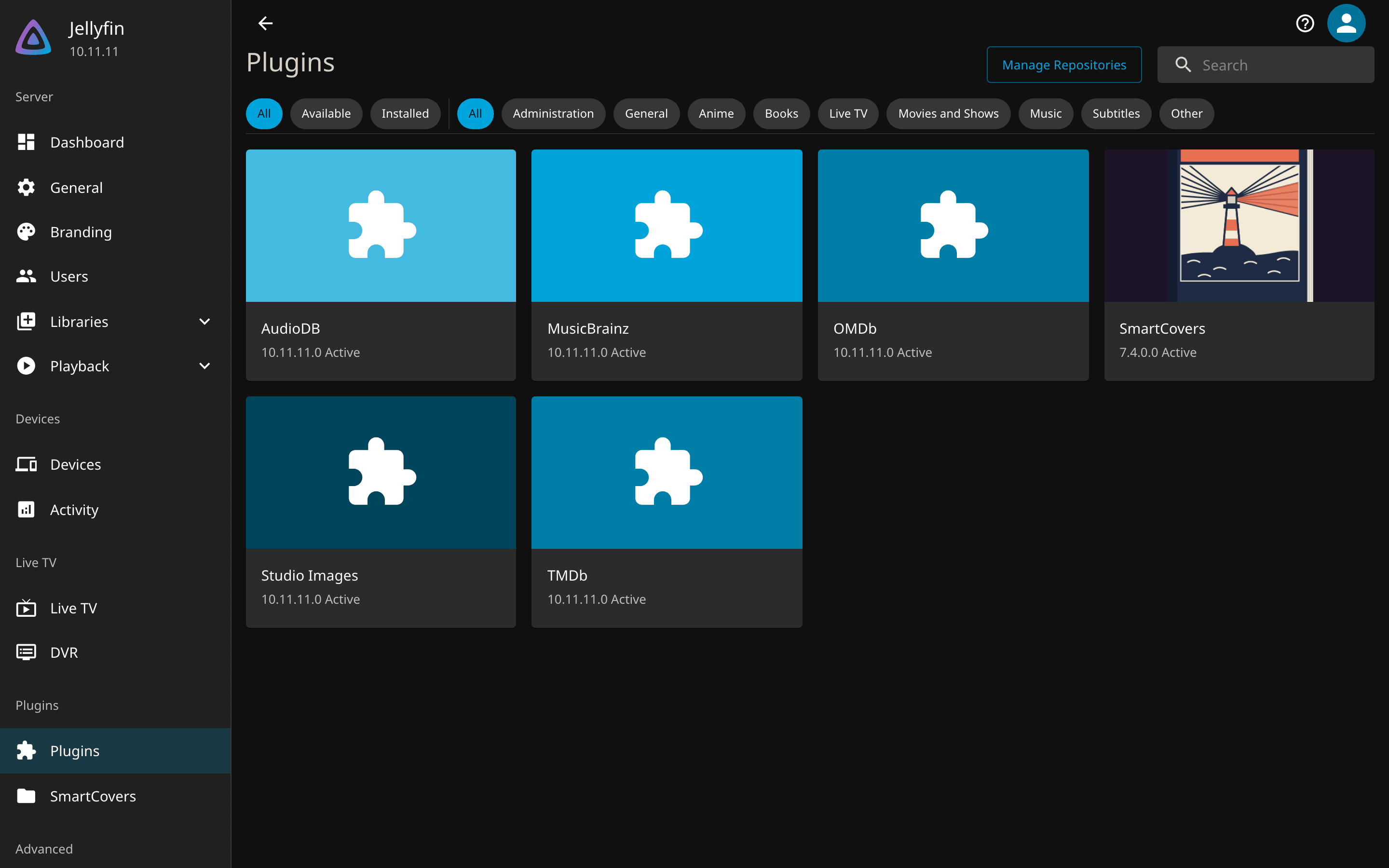 The Jellyfin Plugins page with the SmartCovers card showing its icon, name and version 7.4.0.0
