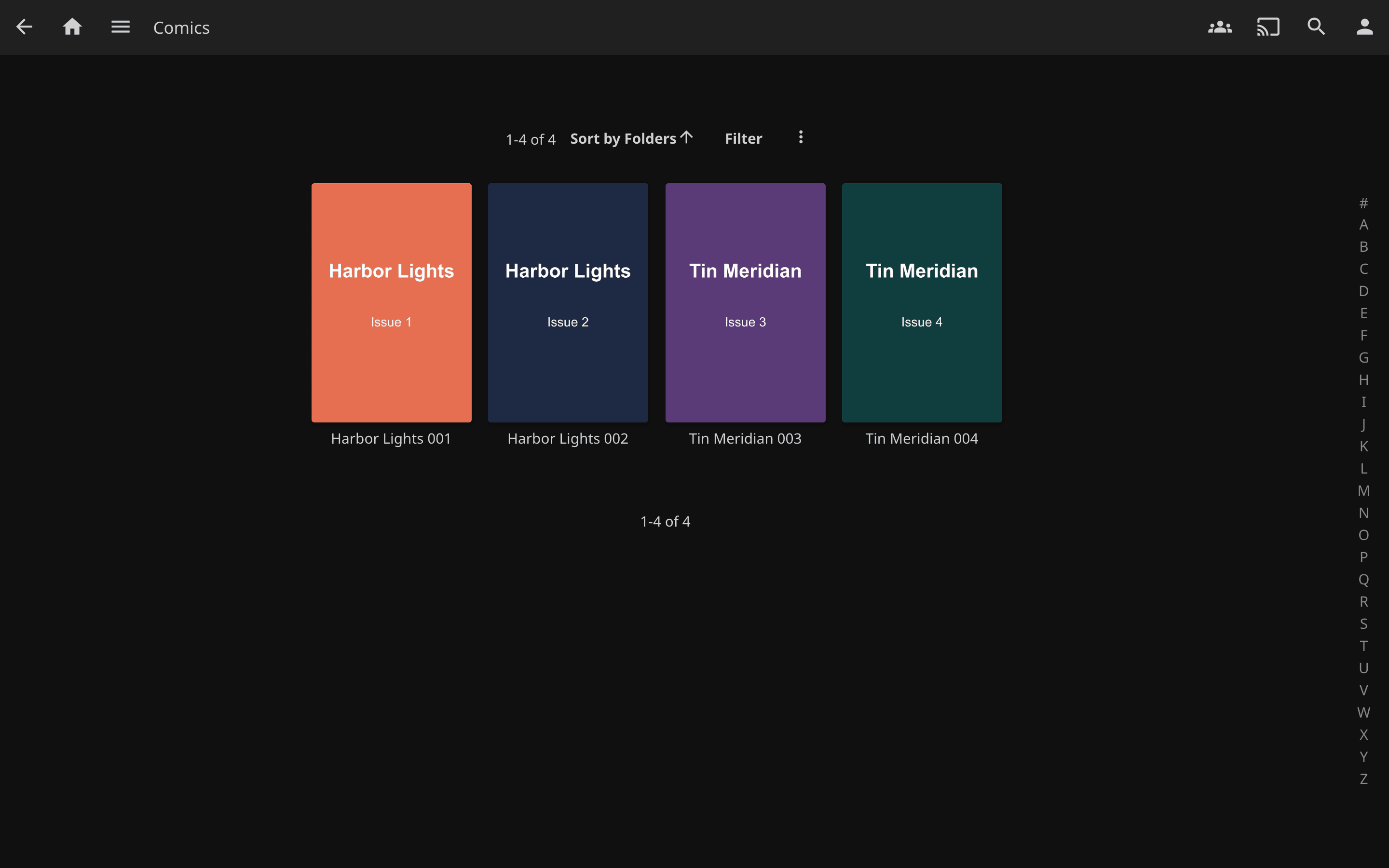 A Jellyfin library of four CBZ comics, each tile showing the first page of the issue