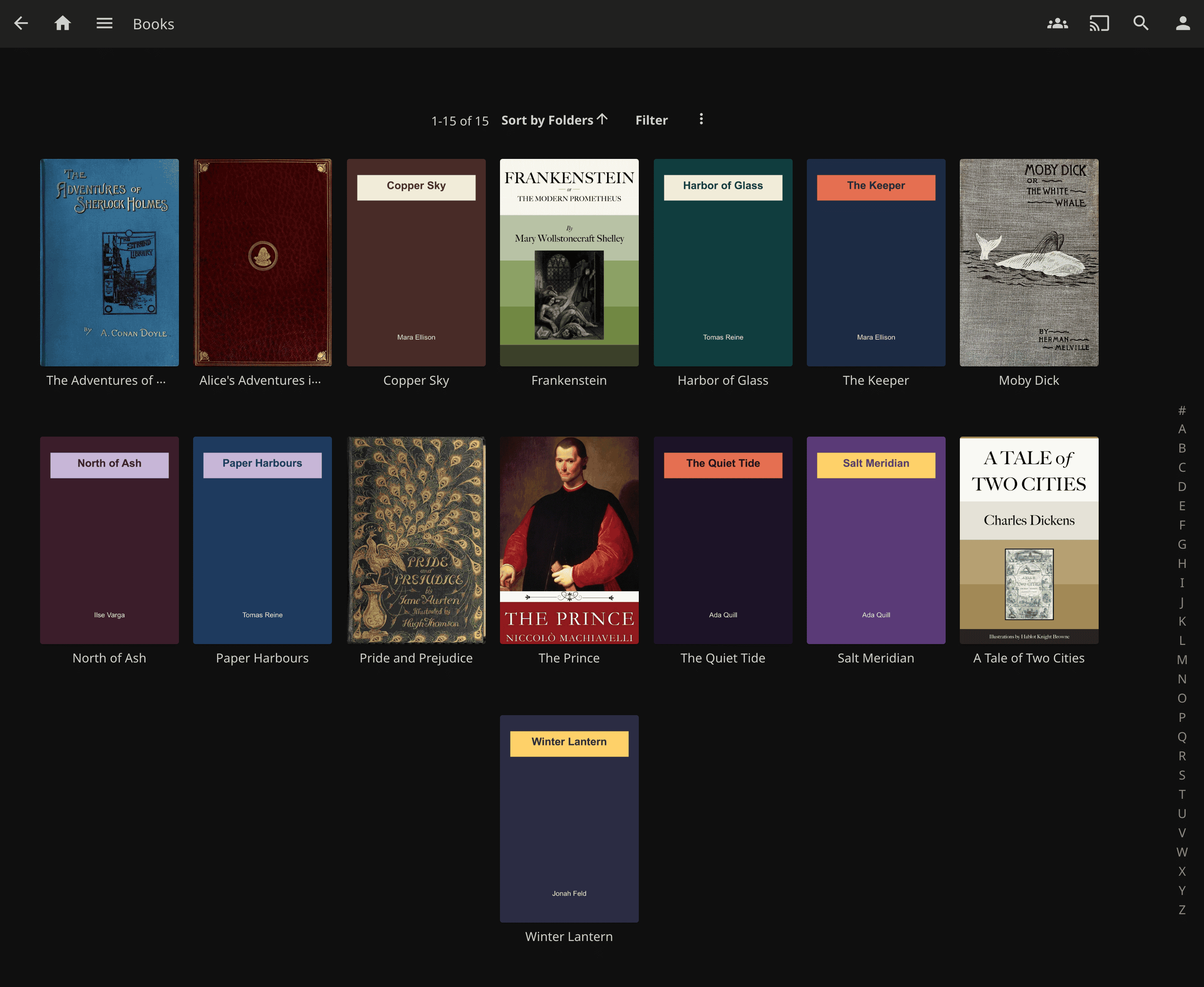 A Books library where every tile has a cover, two of them fetched from Open Library for EPUBs that carry no image